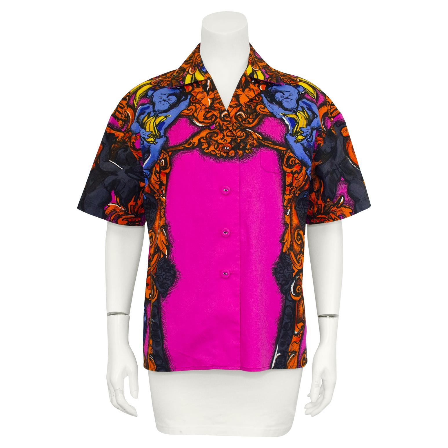 Prada Spring 2011 Pink and Orange Cotton Shirt with Monkey Baroque Print For Sale