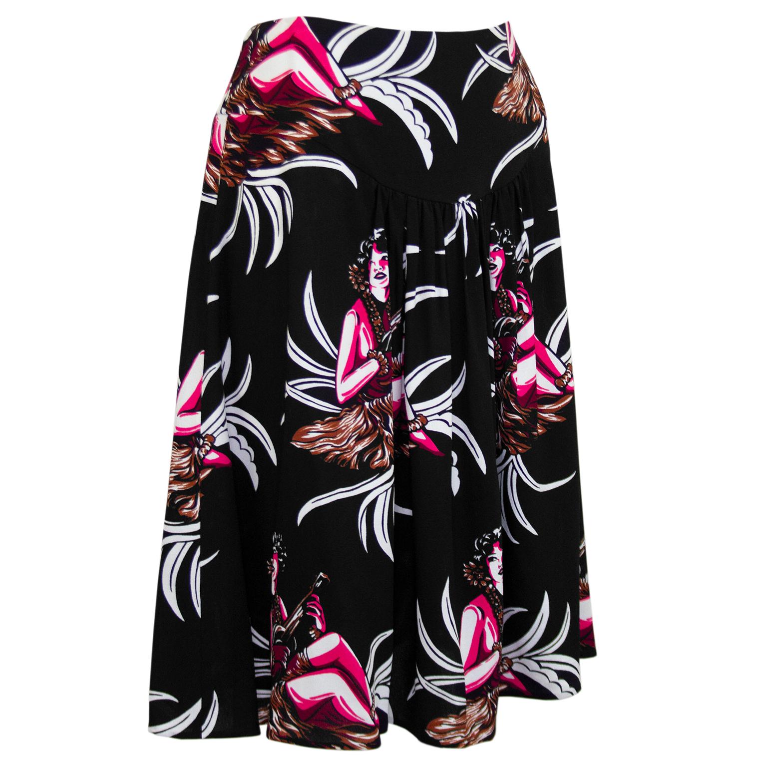 Whimsical Prada spring 2014 runway skirt with all over Hawaiian hula girl print . 
Zipper opening on side and slight ruching in front and back.
IT42 ( US 6)
100% viscose, perfect for summer.