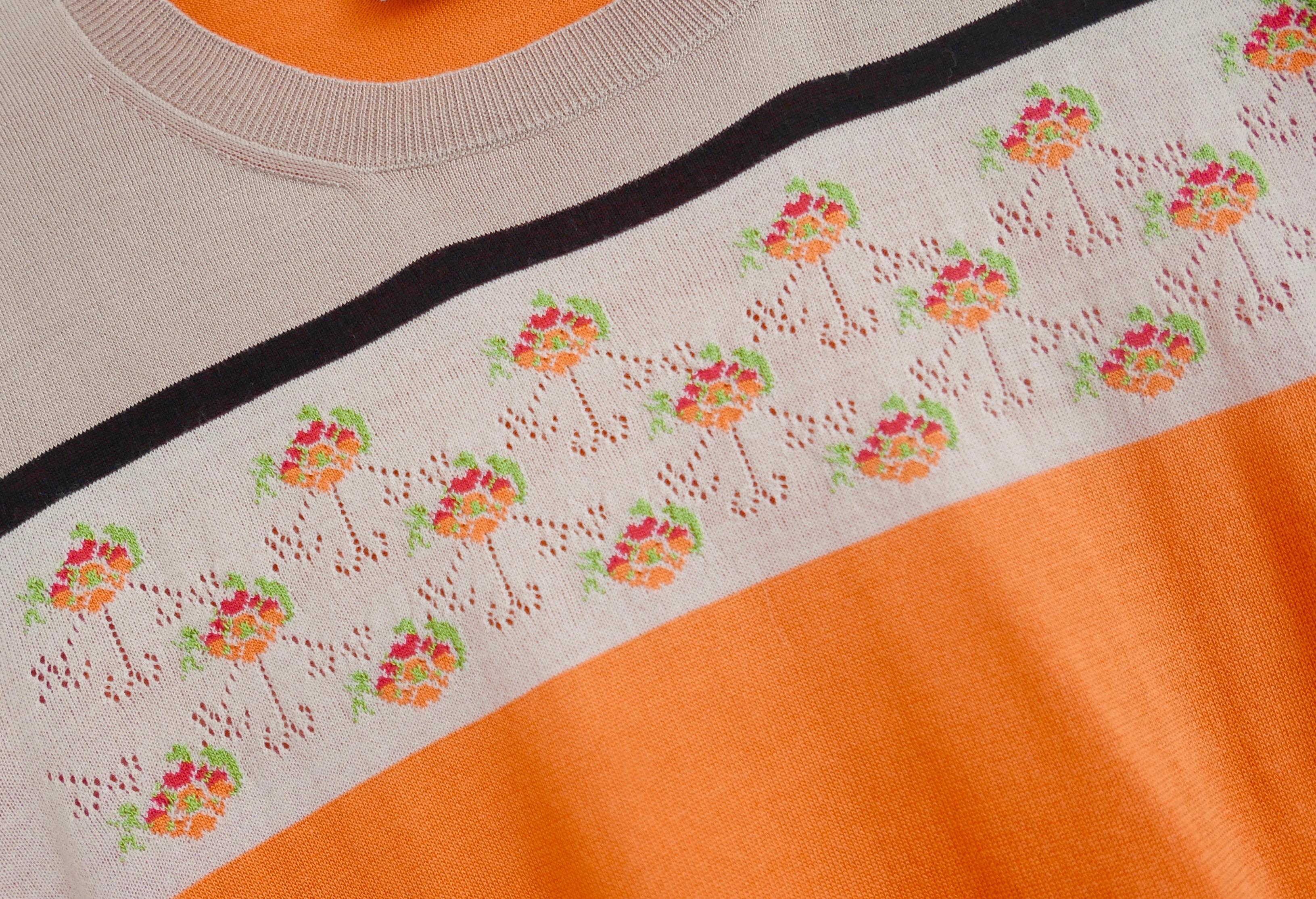 Super cute Prada knit top from the Spring 2014 collection. Unworn. Made from super soft, fine orange silk and wool (62:38) knit with vintage inspired floral intarsia panelling. It has short sleeves, rounded neck and ribbed trims. Size IT40/UK8 and