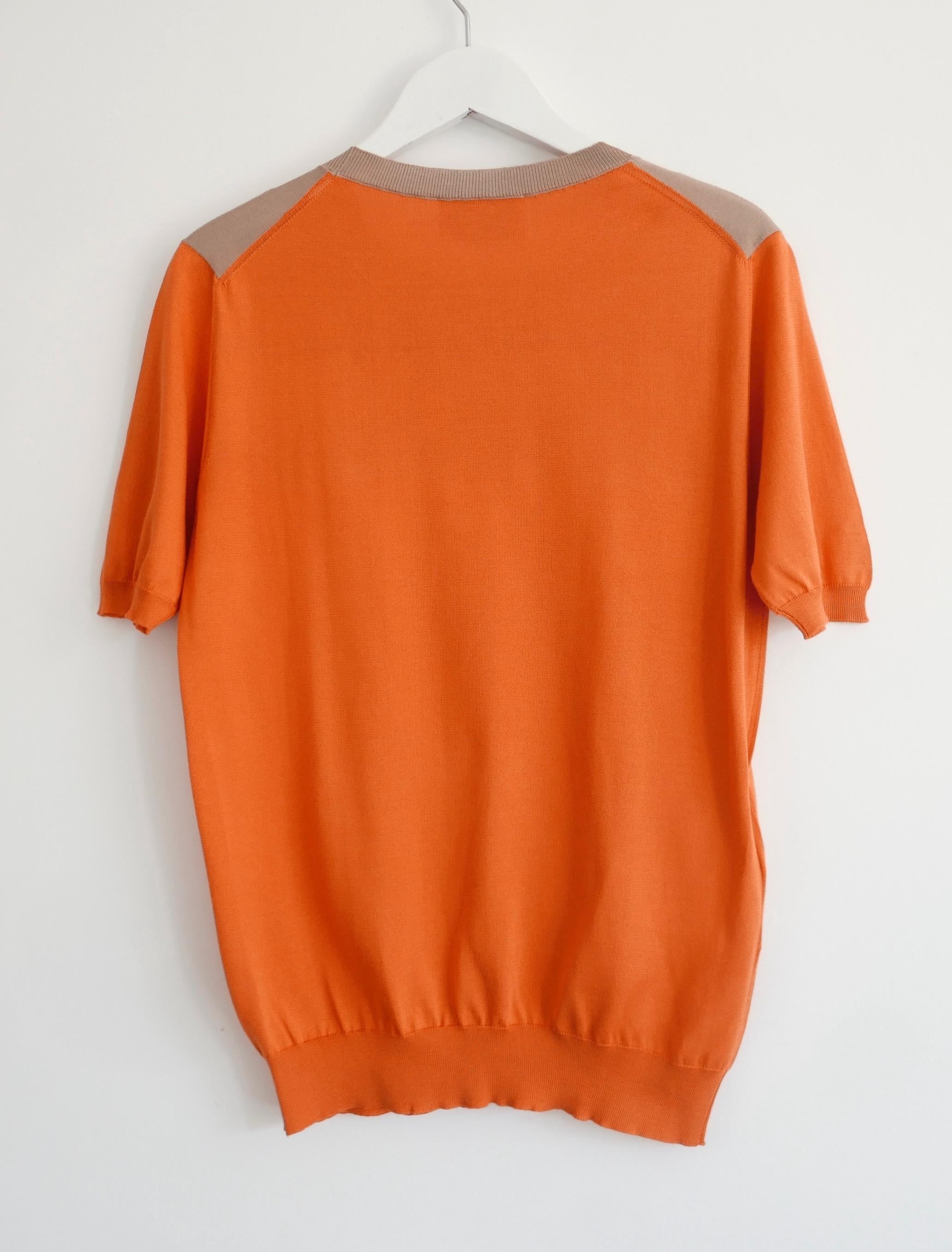 Prada Spring 2014 Orange Silk & Wool Floral Intarsia Fine Knit Sweater Top In New Condition For Sale In London, GB