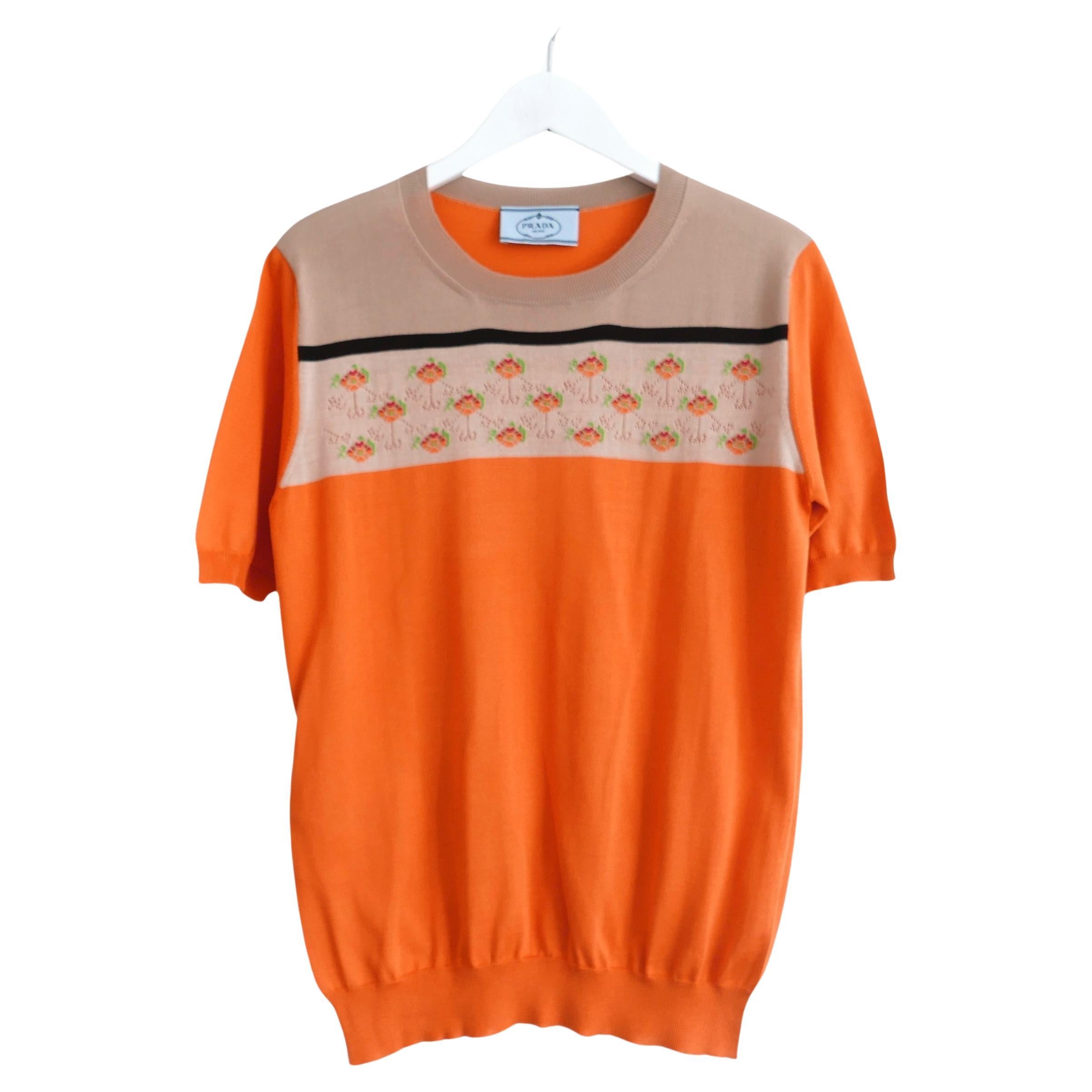 Prada Spring 2014 Orange Silk & Wool Floral Intarsia Fine Knit Sweater Top For Sale