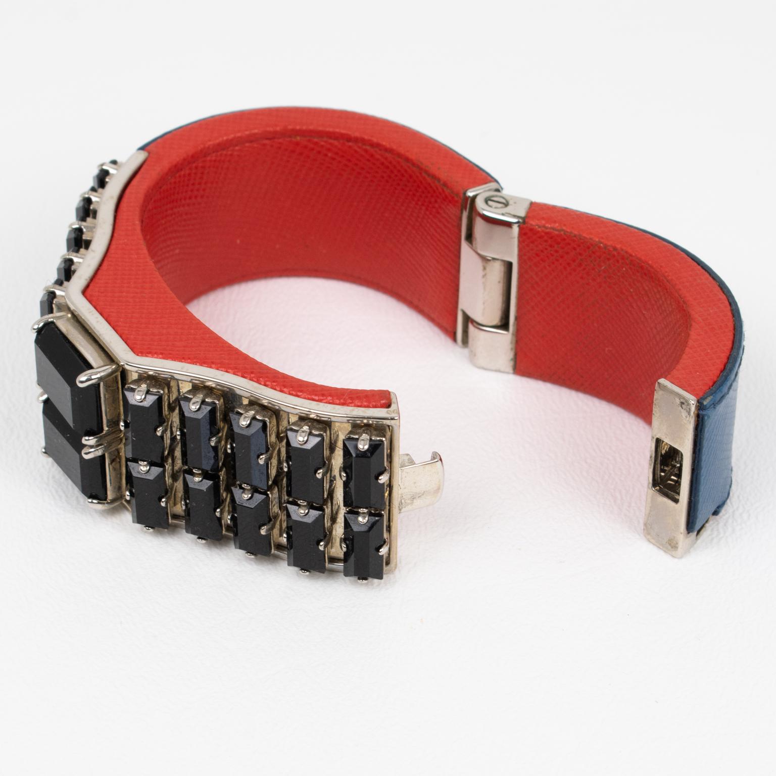 Prada Spring 2014 Red, Blue Saffiano Leather Clamper Bracelet with Black Crystal For Sale 2