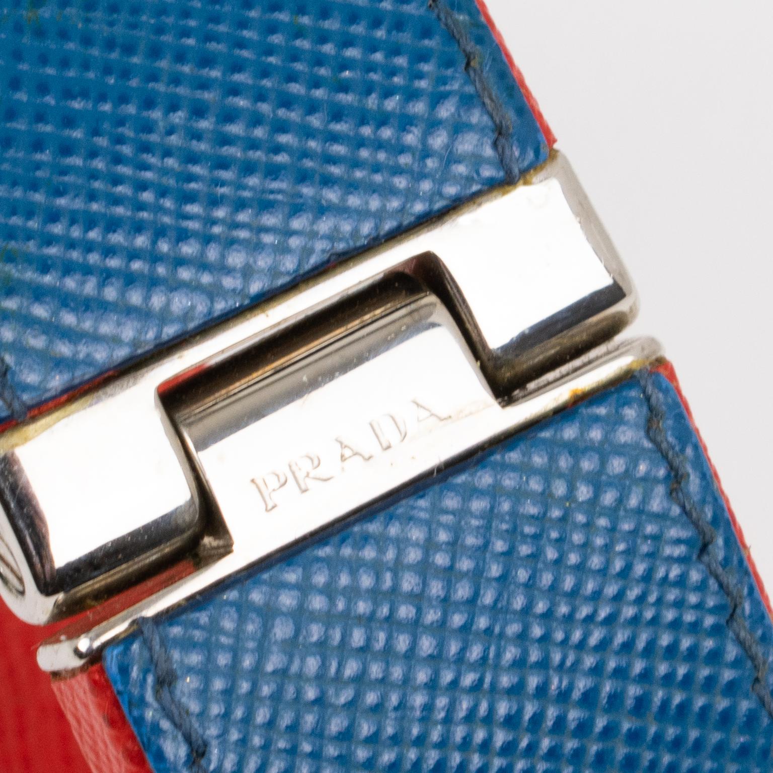 Prada Spring 2014 Red, Blue Saffiano Leather Clamper Bracelet with Black Crystal For Sale 3