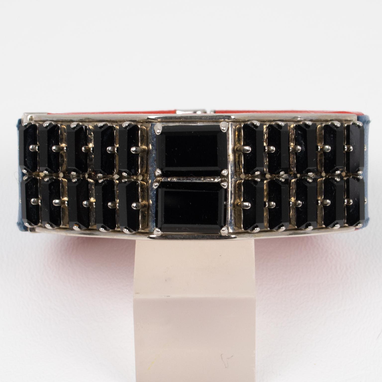 Prada Spring 2014 Red, Blue Saffiano Leather Clamper Bracelet with Black Crystal For Sale 4