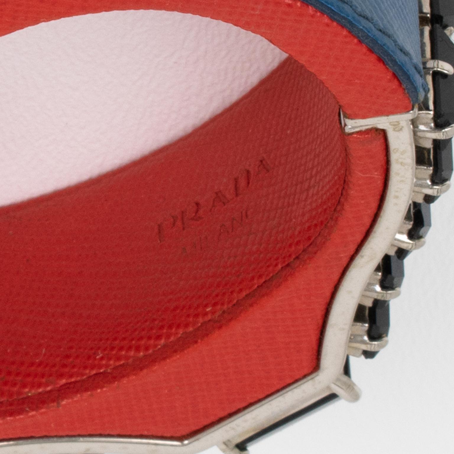 Prada Spring 2014 Red, Blue Saffiano Leather Clamper Bracelet with Black Crystal For Sale 5