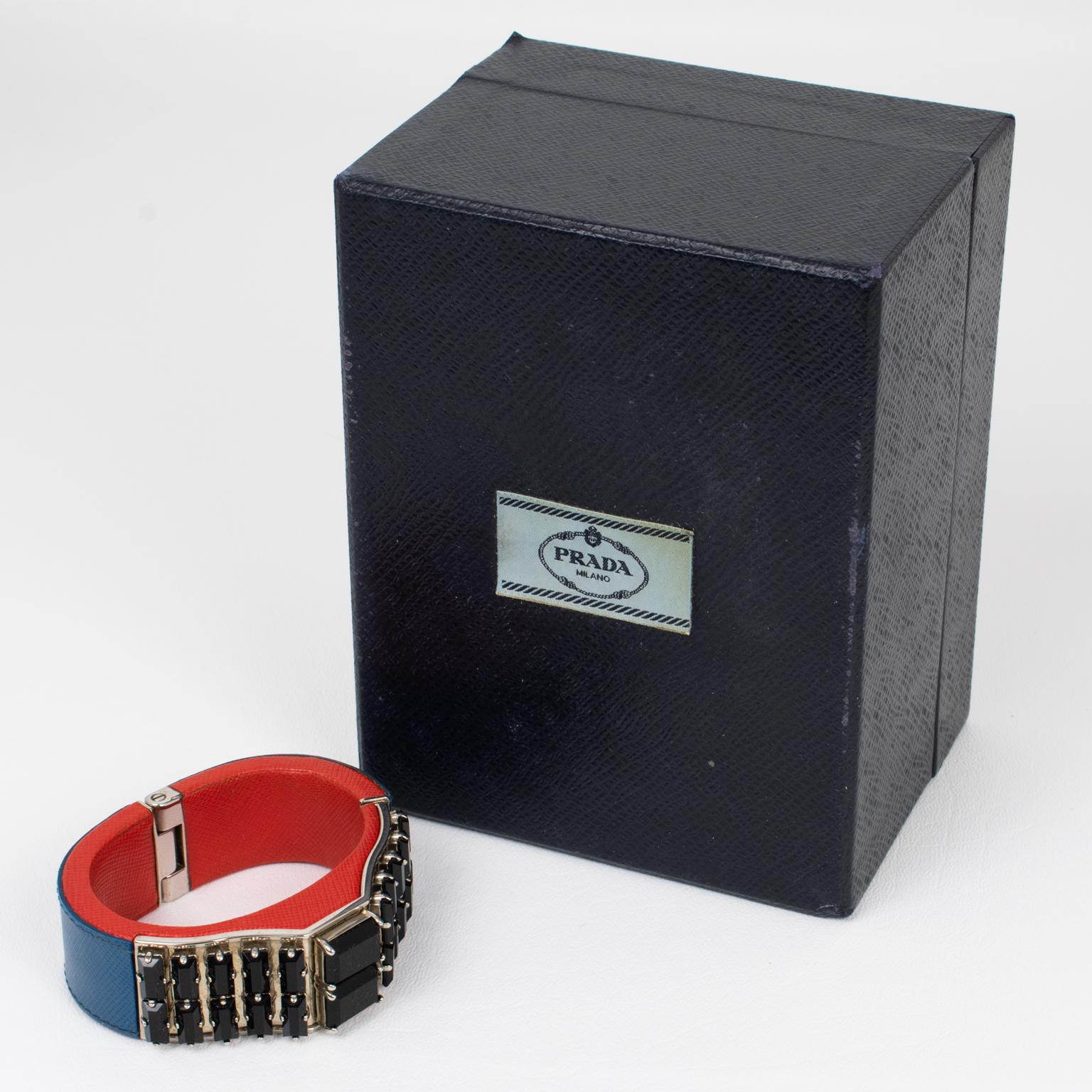 Modernist Prada Spring 2014 Red, Blue Saffiano Leather Clamper Bracelet with Black Crystal For Sale