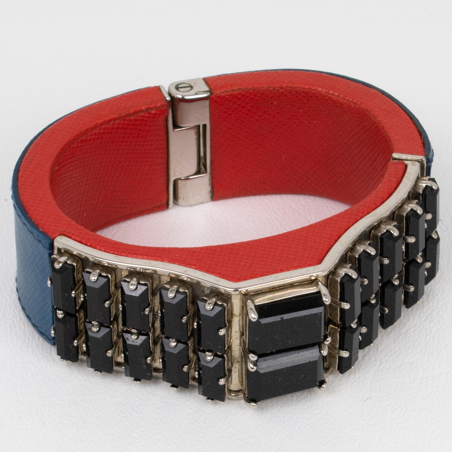 Prada Spring 2014 Red, Blue Saffiano Leather Clamper Bracelet with Black Crystal In Excellent Condition For Sale In Atlanta, GA