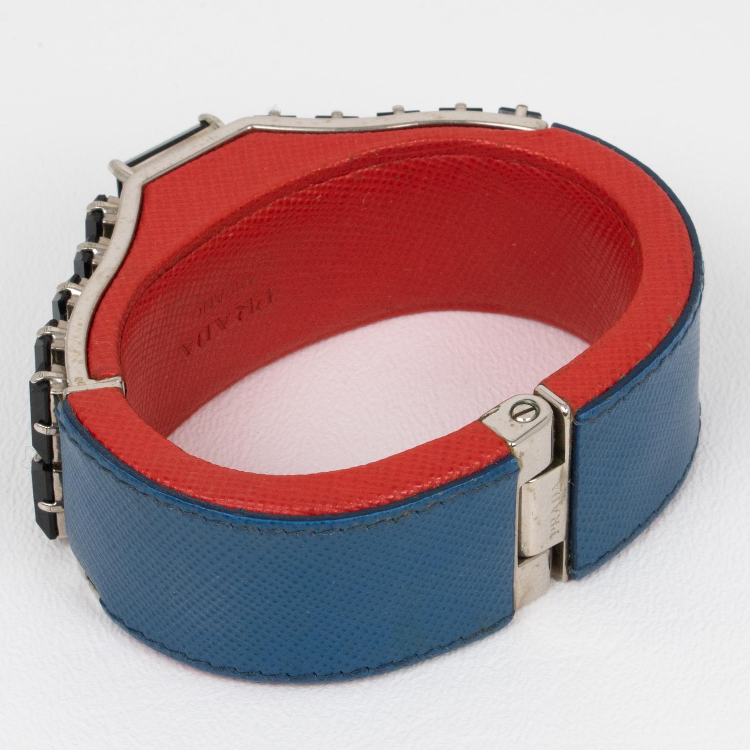 Women's or Men's Prada Spring 2014 Red, Blue Saffiano Leather Clamper Bracelet with Black Crystal For Sale