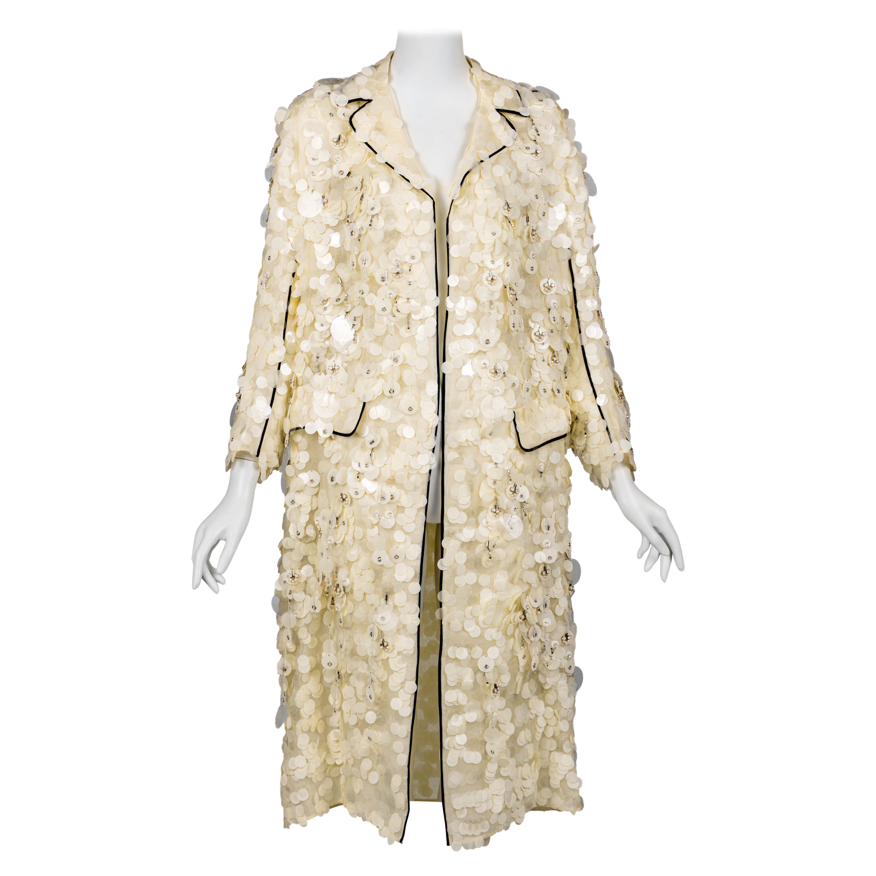 Prada Spring 2016 Runway Ivory Paillette Crystal Embellished Organza Coat For Sale