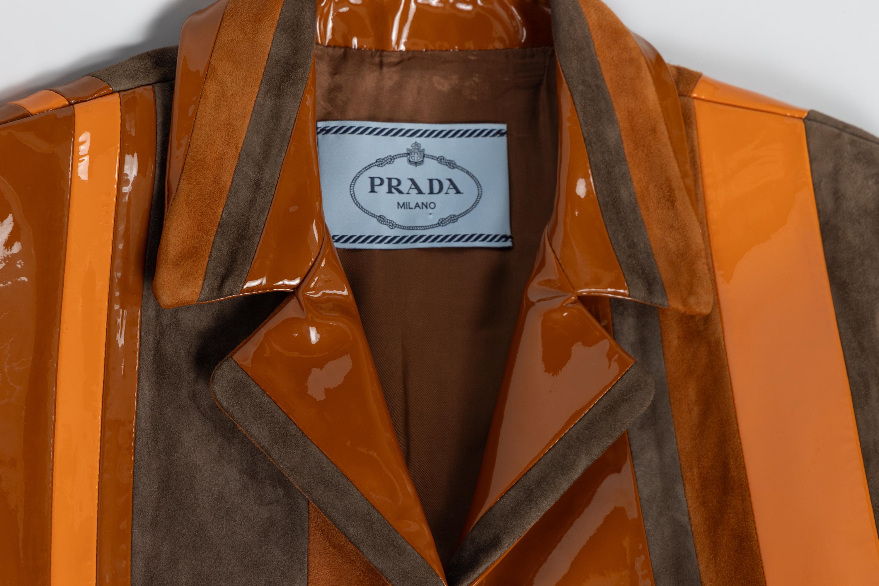 Prada Spring 2016 Runway Look 15 Striped Suede and Patent Leather Jacket For Sale 7