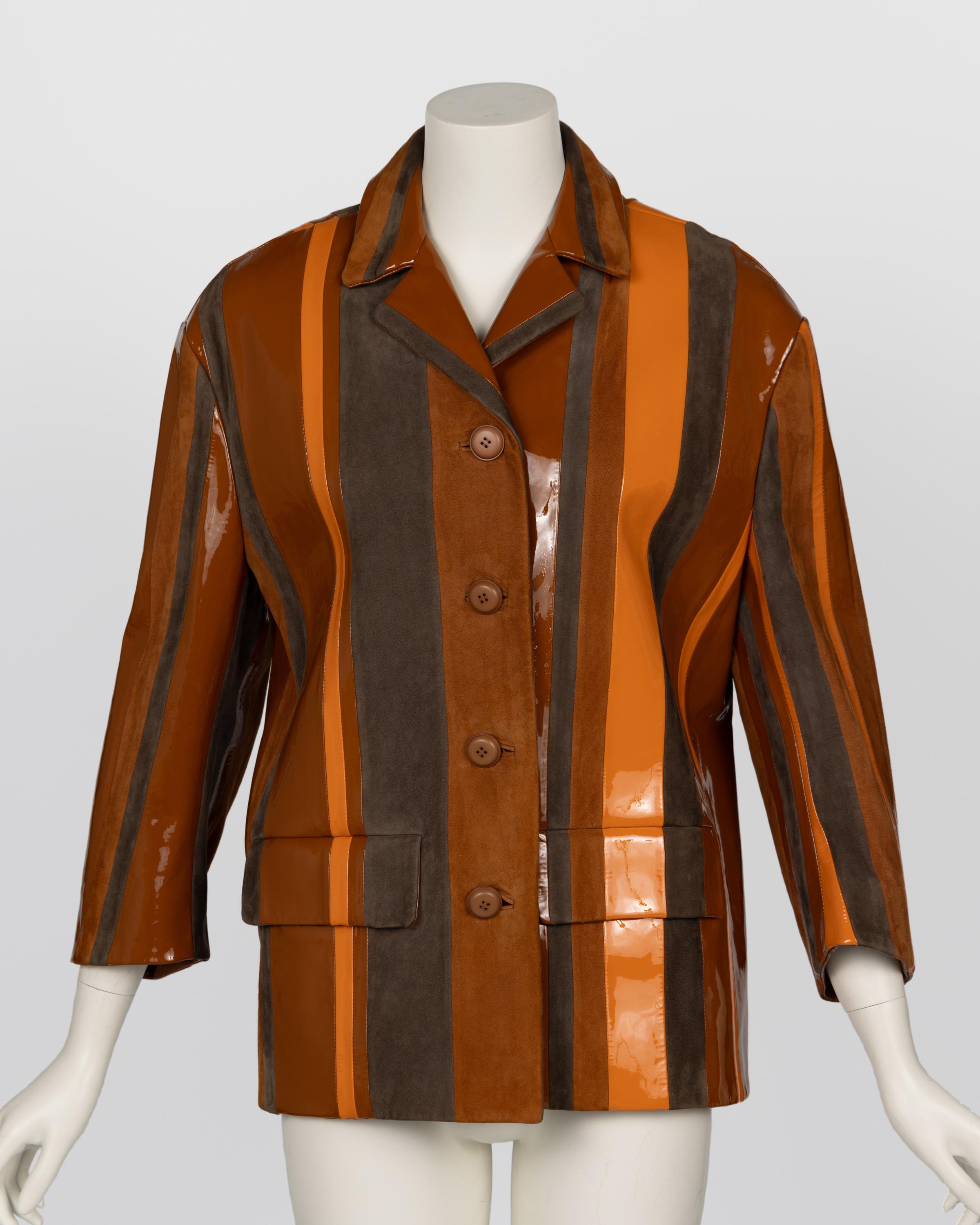 From Prada’s Spring 2016 runway collection, this striking jacket embodies Miuccia Prada’s mastery of texture, tone, and modern nostalgia. Runway Look 15, as seen on the catwalk, pairs bold vertical striping with an unexpected mix of glossy patent