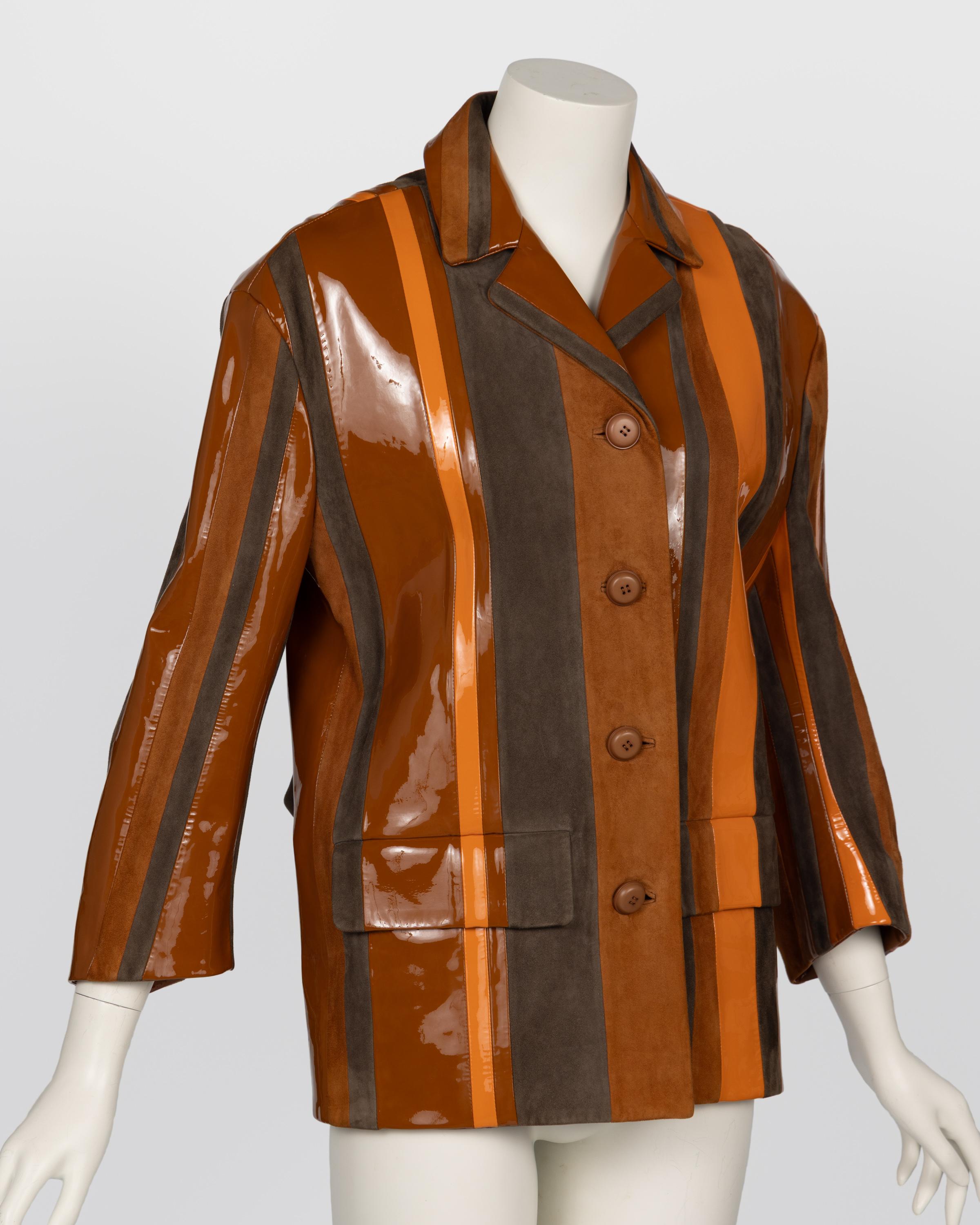 Brown Prada Spring 2016 Runway Look 15 Striped Suede and Patent Leather Jacket For Sale