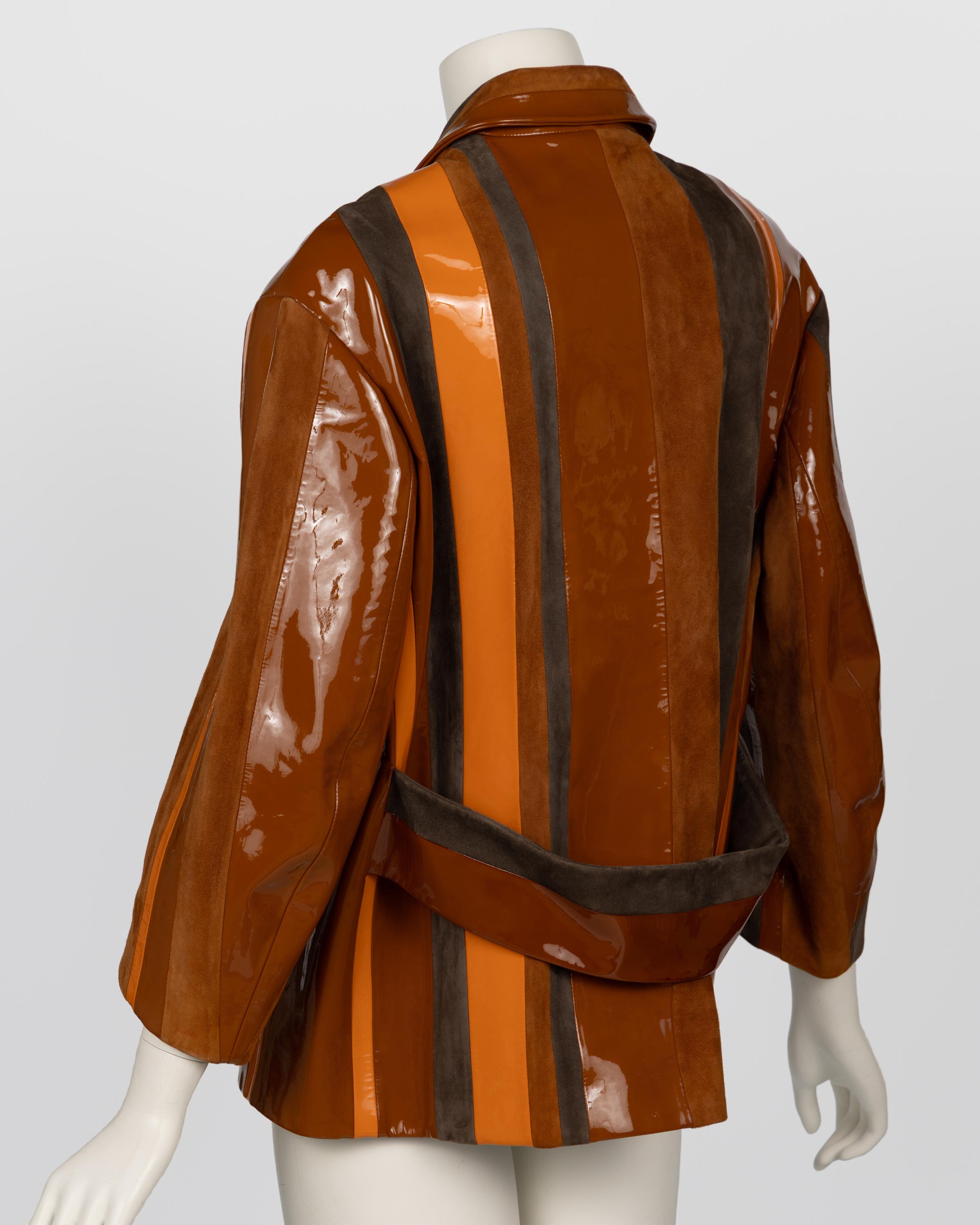 Prada Spring 2016 Runway Look 15 Striped Suede and Patent Leather Jacket In Good Condition For Sale In Boca Raton, FL