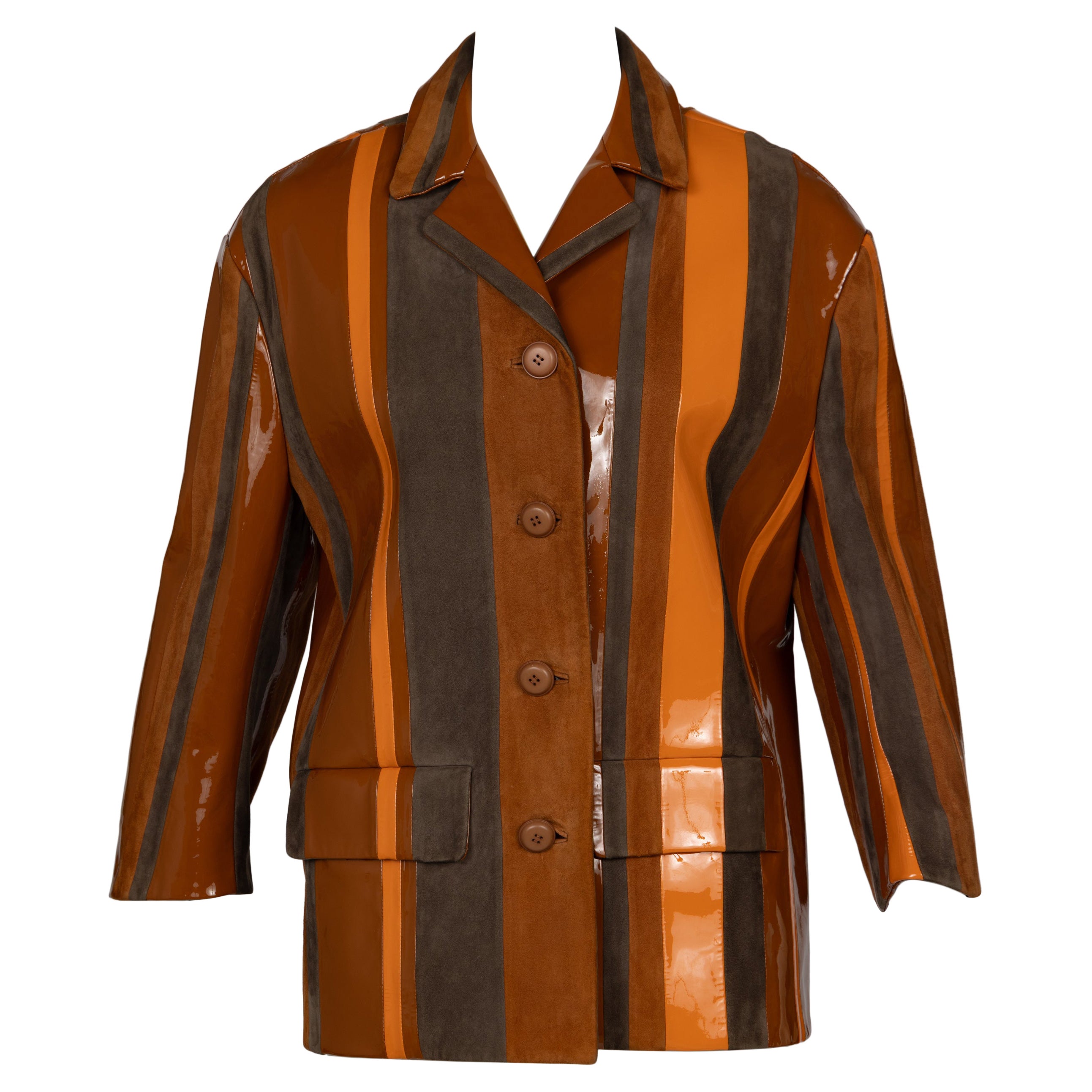 Prada Spring 2016 Runway Look 15 Striped Suede and Patent Leather Jacket For Sale