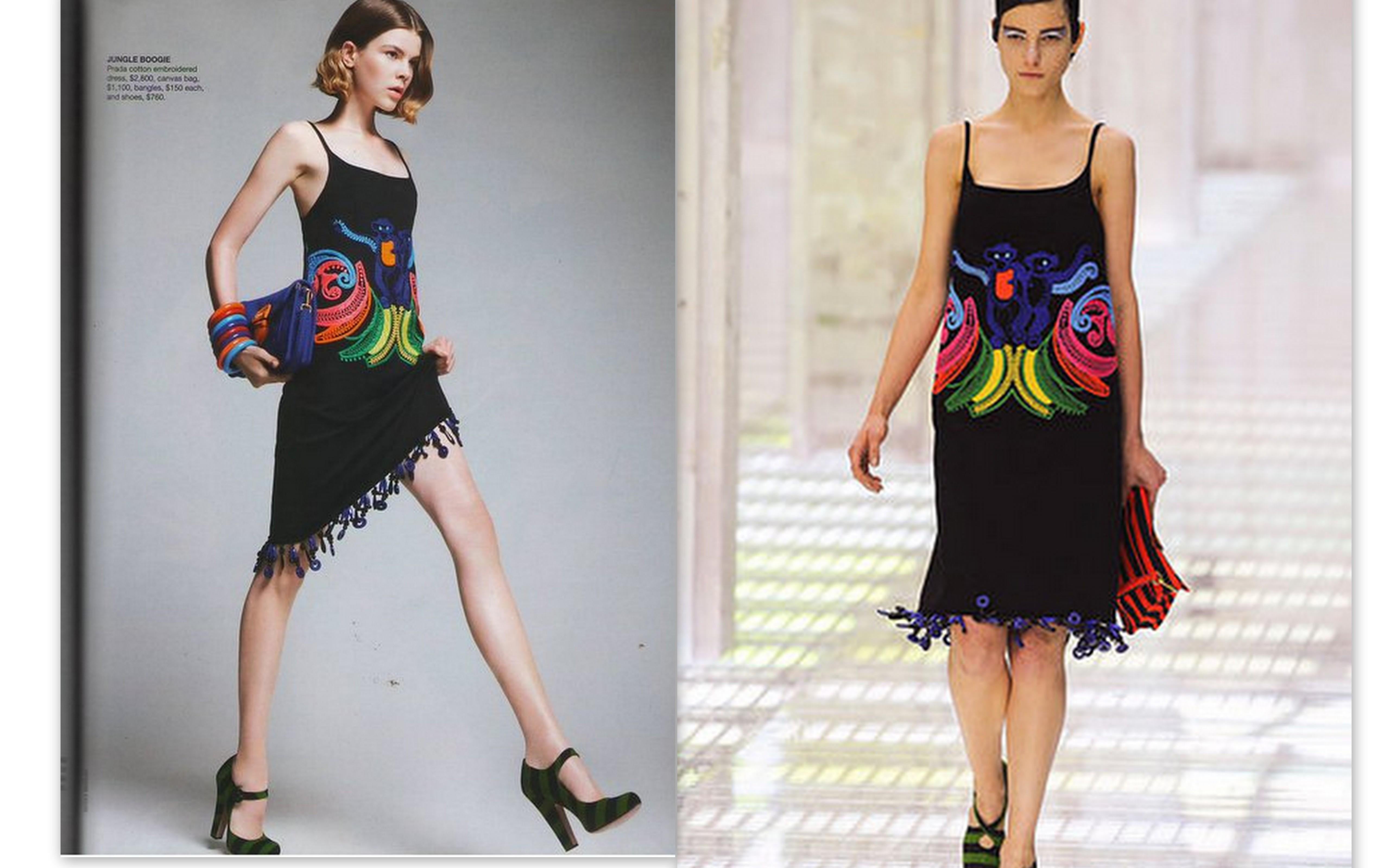 Black and multicolor Prada Runway 2011 sleeveless midi dress with scoop neck, embroidered accents throughout and beaded embellishments at hem. 
Bust: 31.5