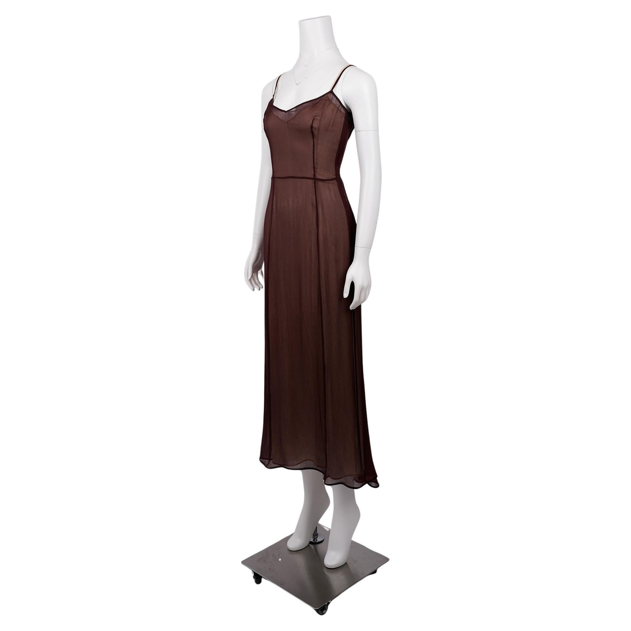 Prada Spring/Summer 1997 Brown Silk Sheer Spaghetti-Strap Dress For Sale