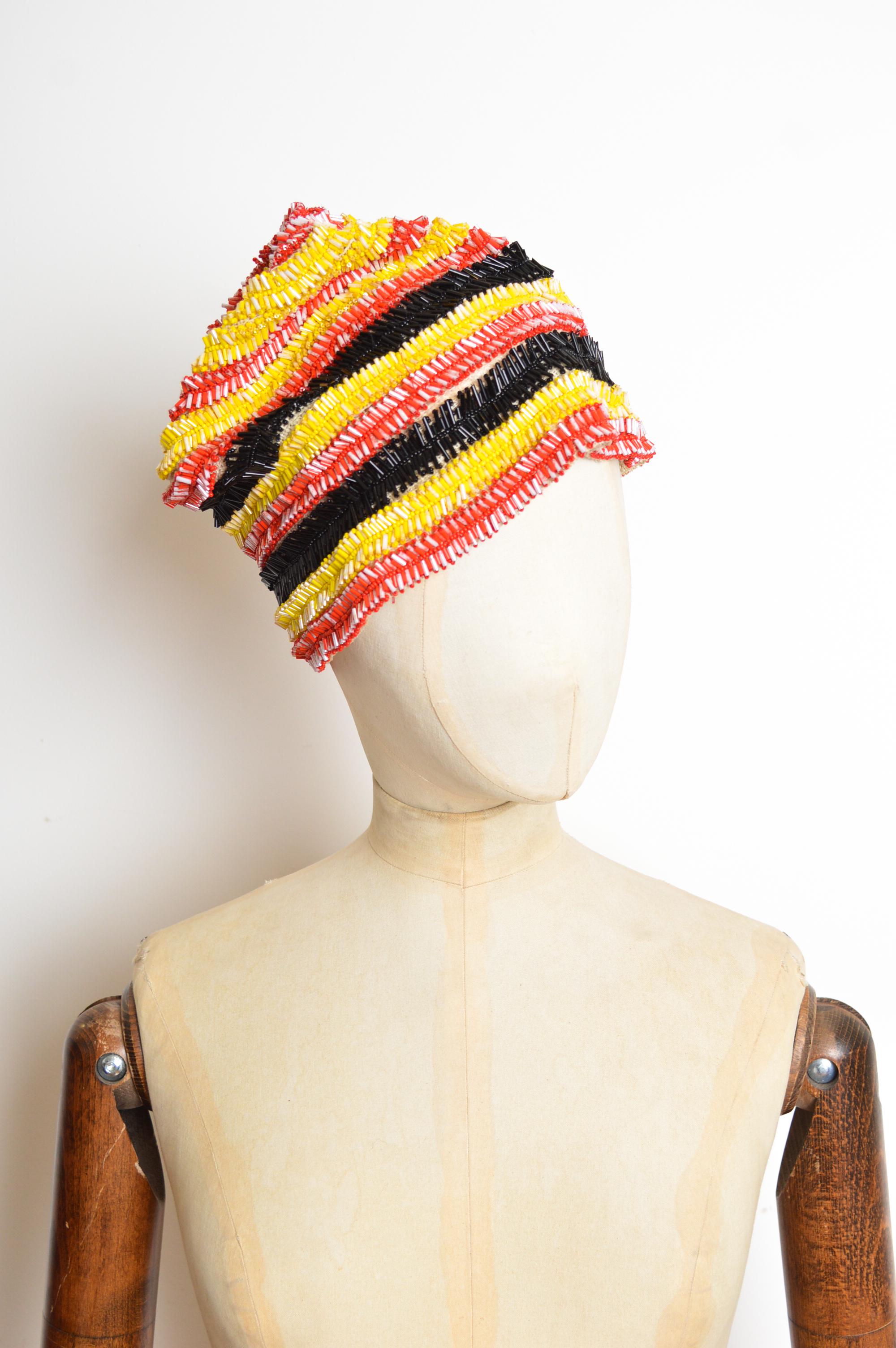 PRADA Spring / Summer 2005 Hand beaded decirative Bob Hat / Sun Hat beanie
Size; ONE SIZE - Regular 
Measurements are provided in inches (‘’)
Circumference; 21.5”
Centre top to hem edge; 9.5” 
Condition; Good general condition despite minor signs of