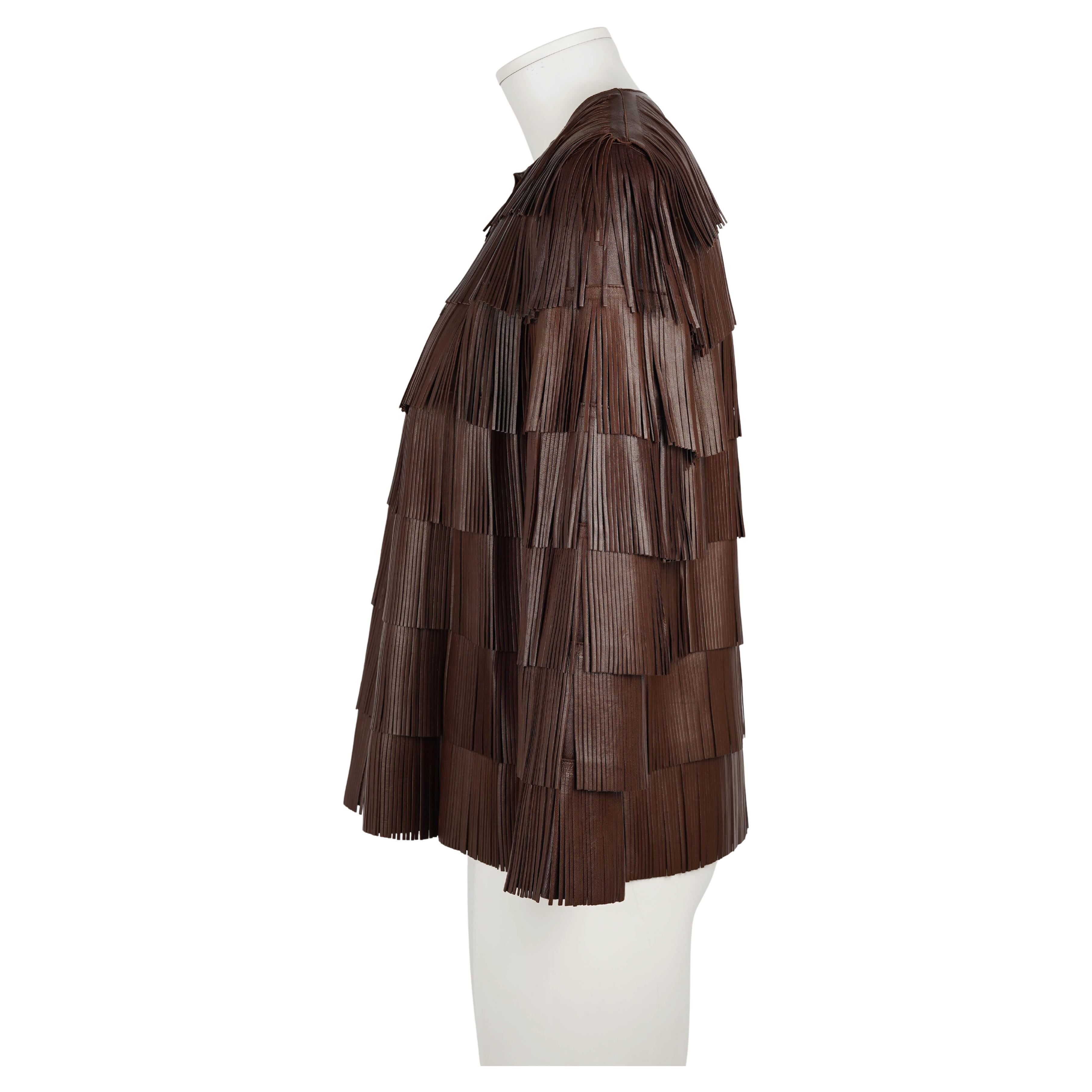Donna Prada Primavera/Estate 2007 Giacca di pelle marrone con frange - Runway Archive in vendita