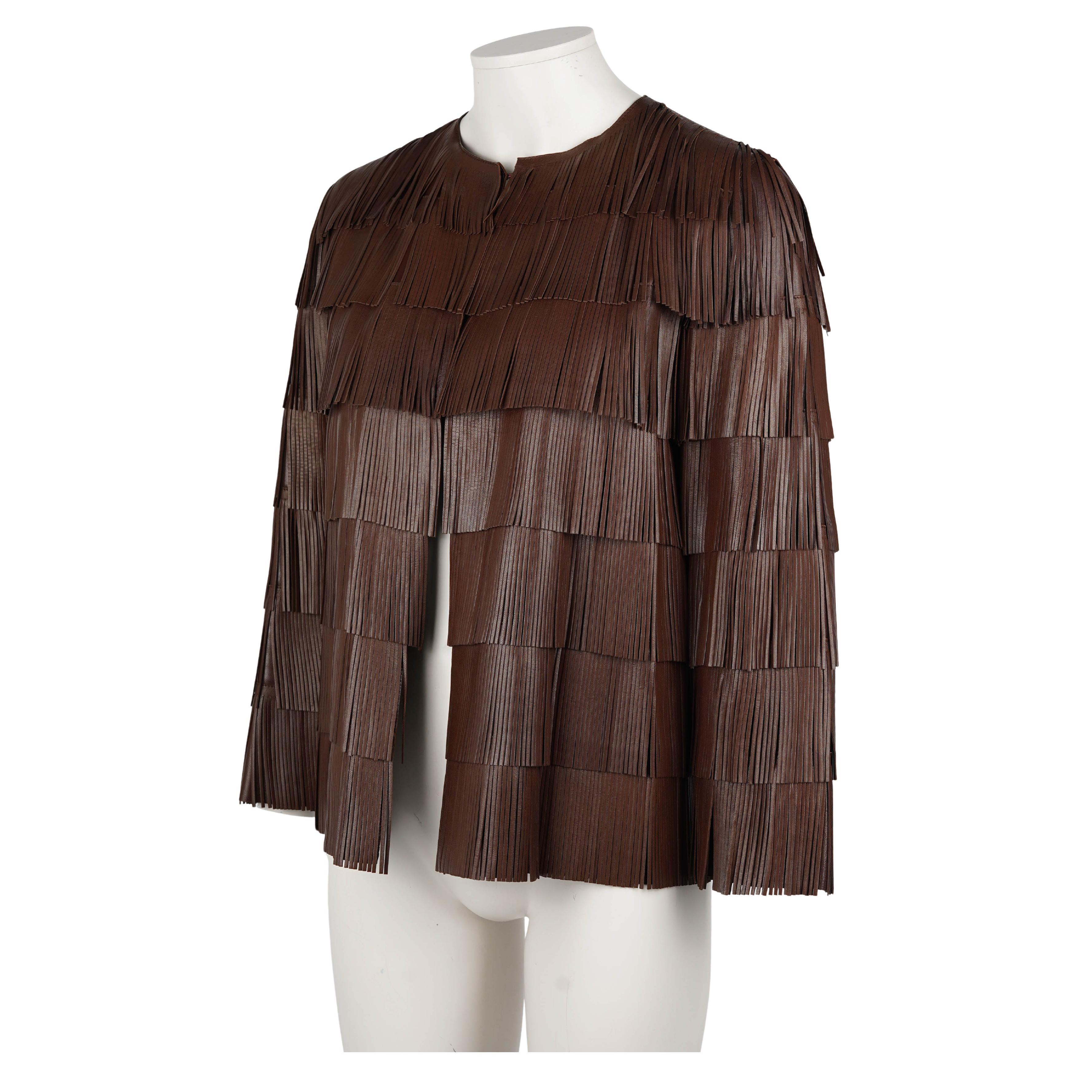 Prada Primavera/Estate 2007 Giacca di pelle marrone con frange - Runway Archive in vendita 1
