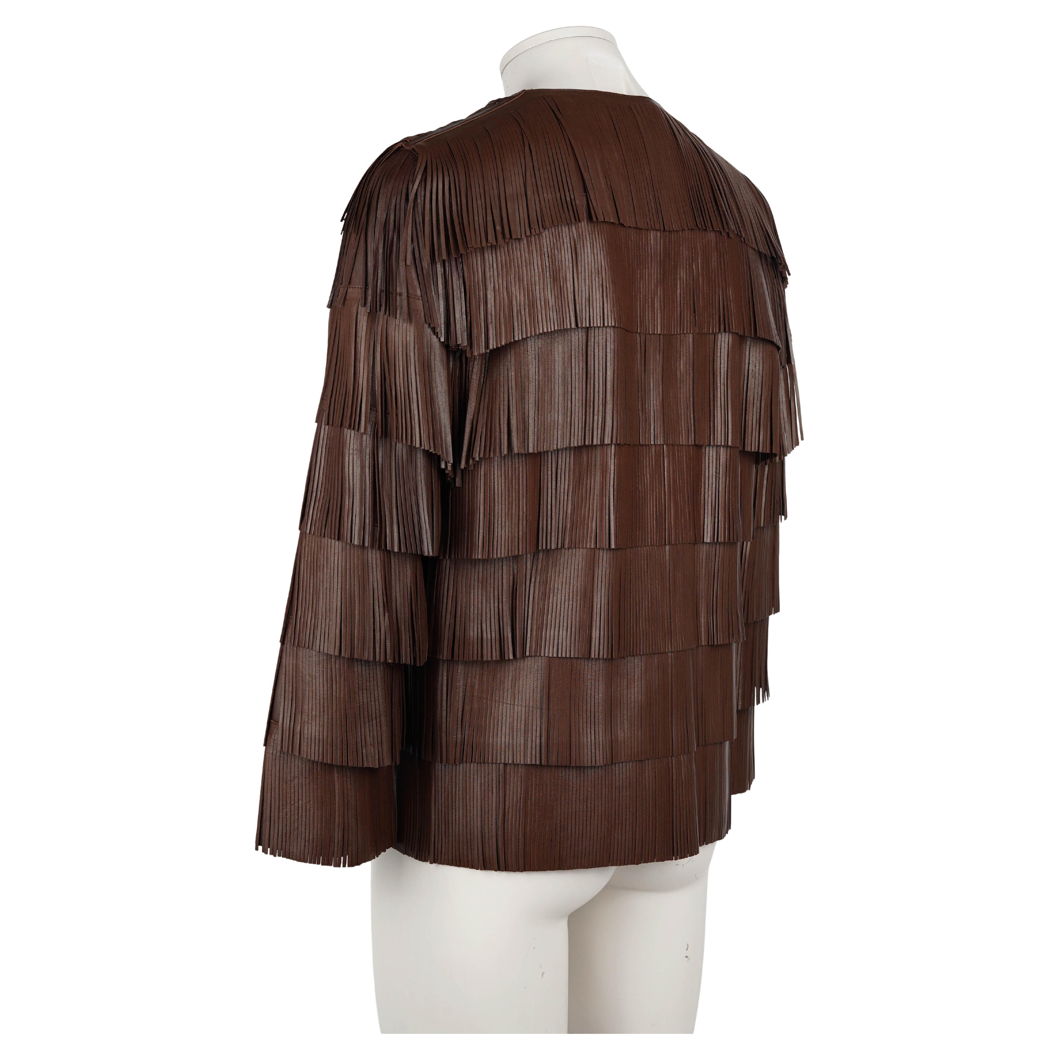 Prada Primavera/Estate 2007 Giacca di pelle marrone con frange - Runway Archive in vendita 3