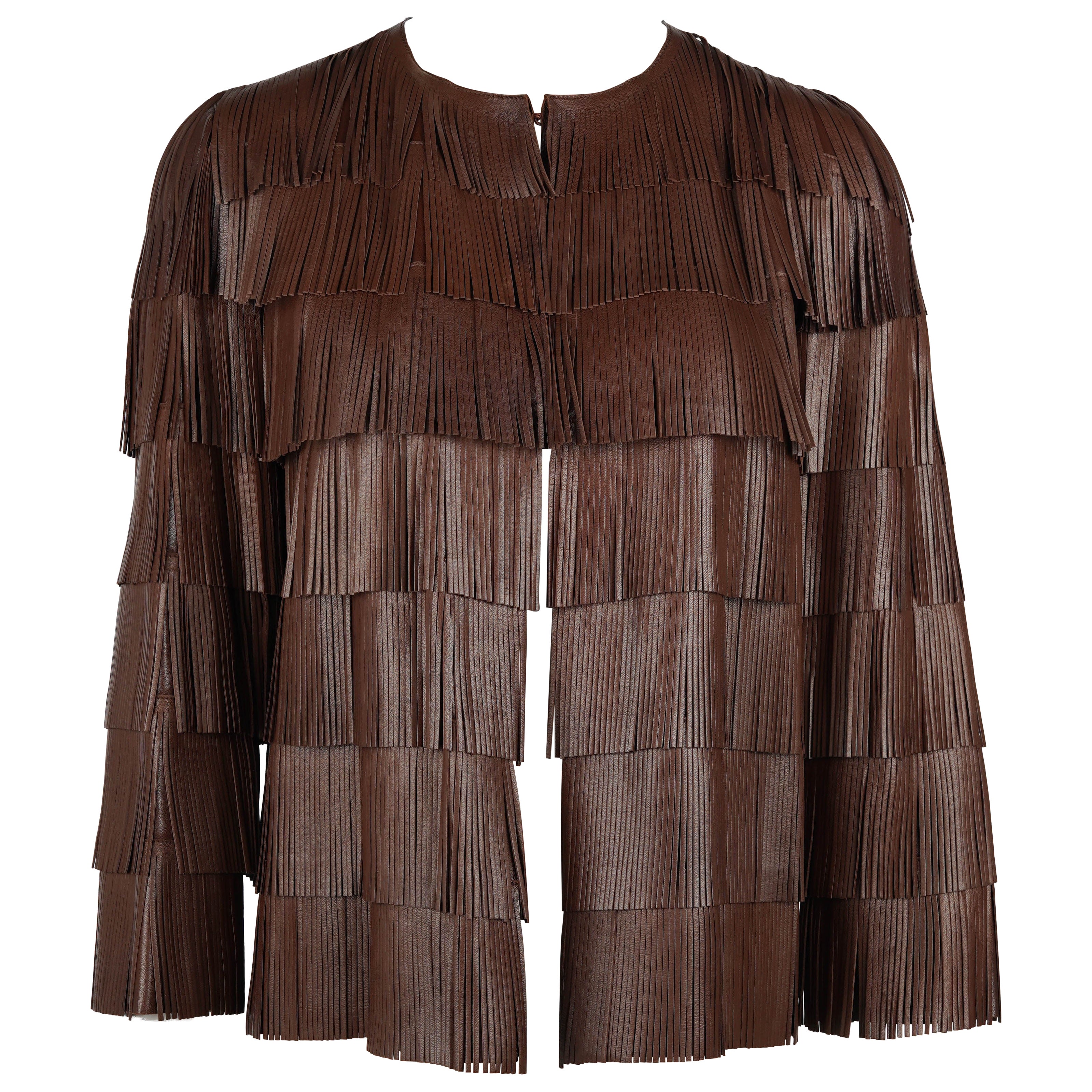 Prada Primavera/Estate 2007 Giacca in pelle marrone con frange Archivio sfilate IT44 in vendita