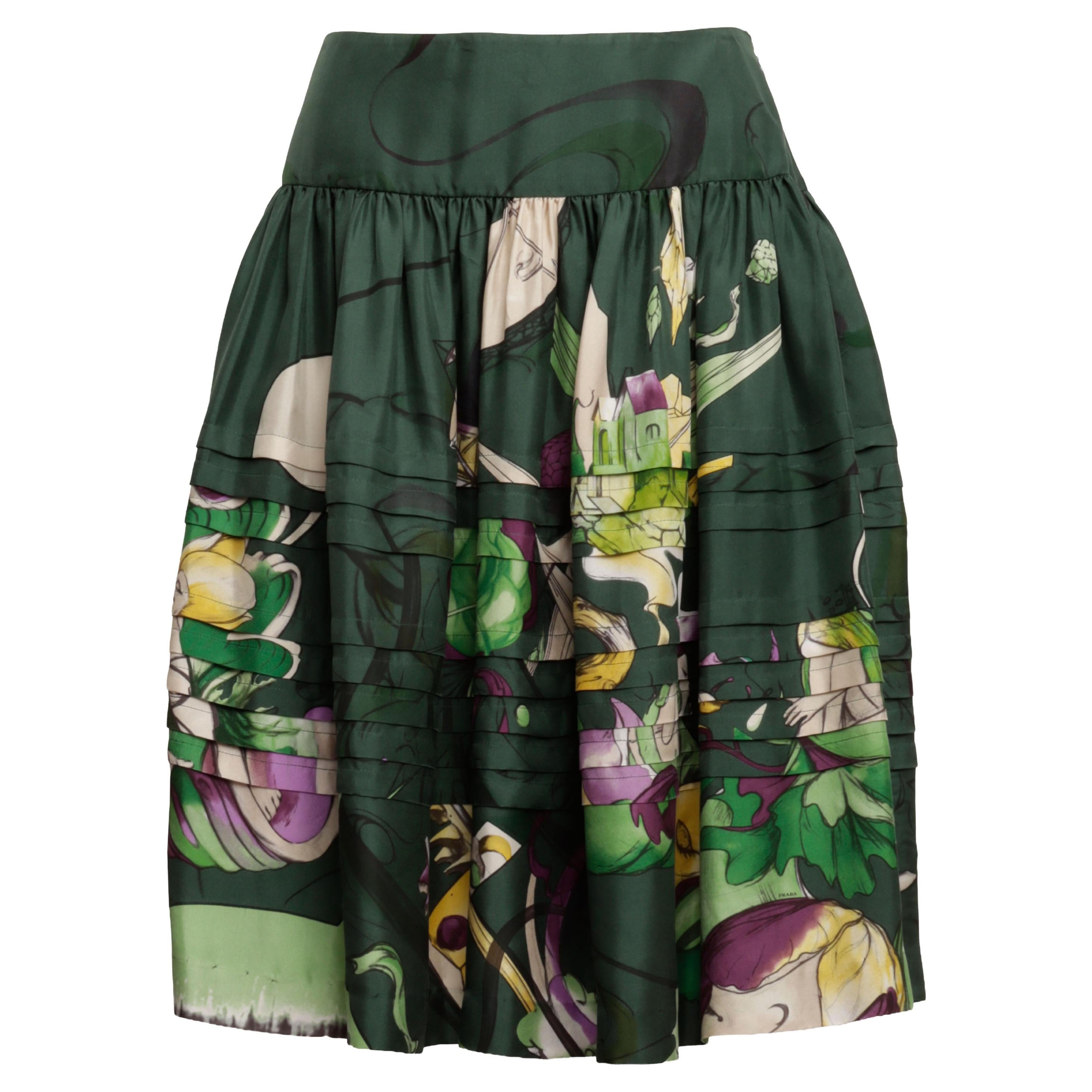 Prada Spring/Summer 2008 Runway James Jean Fairy Print Full Skirt in Green Silk