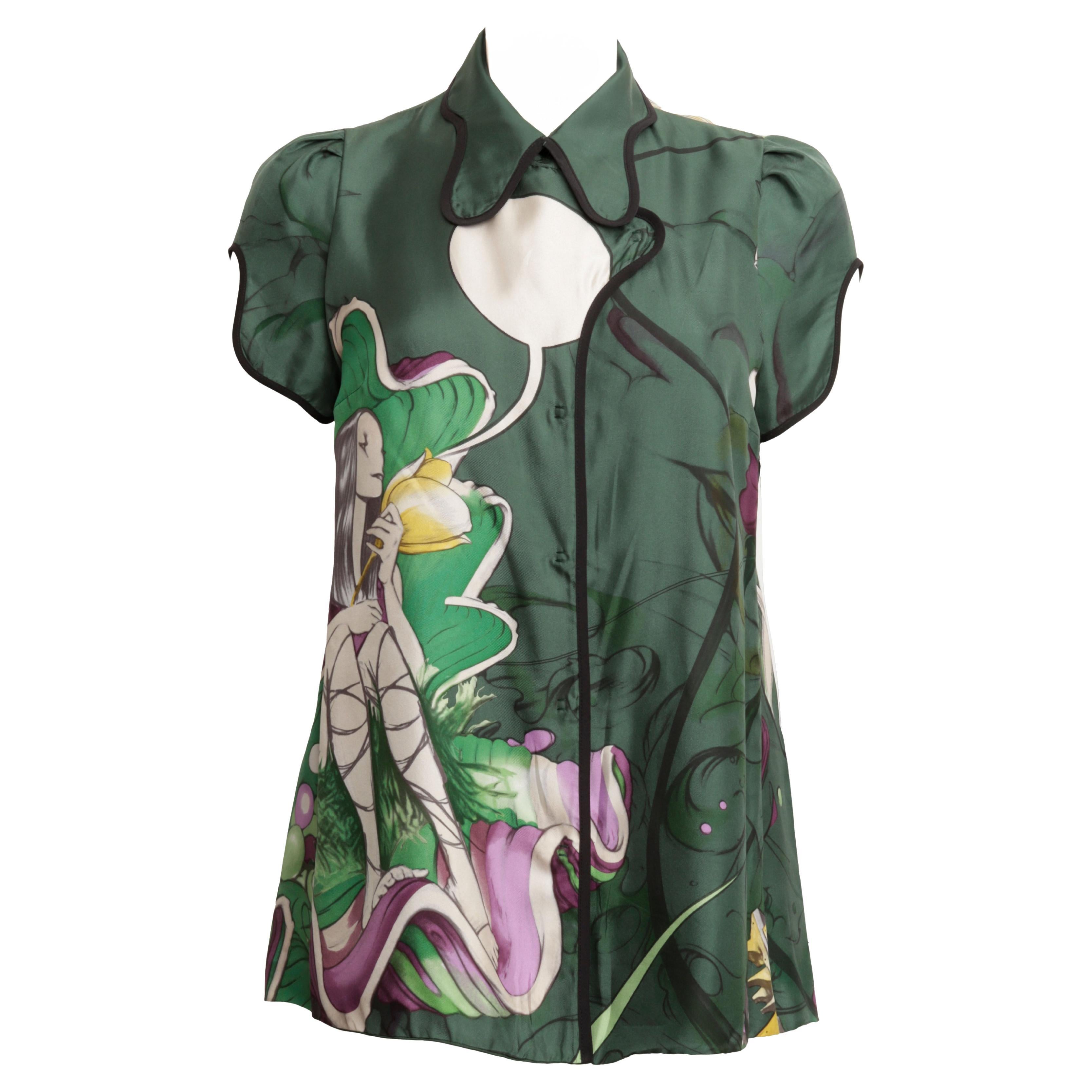 Prada Spring / Summer 2008 Runway James Jean Fairy Print Top in Green Silk For Sale