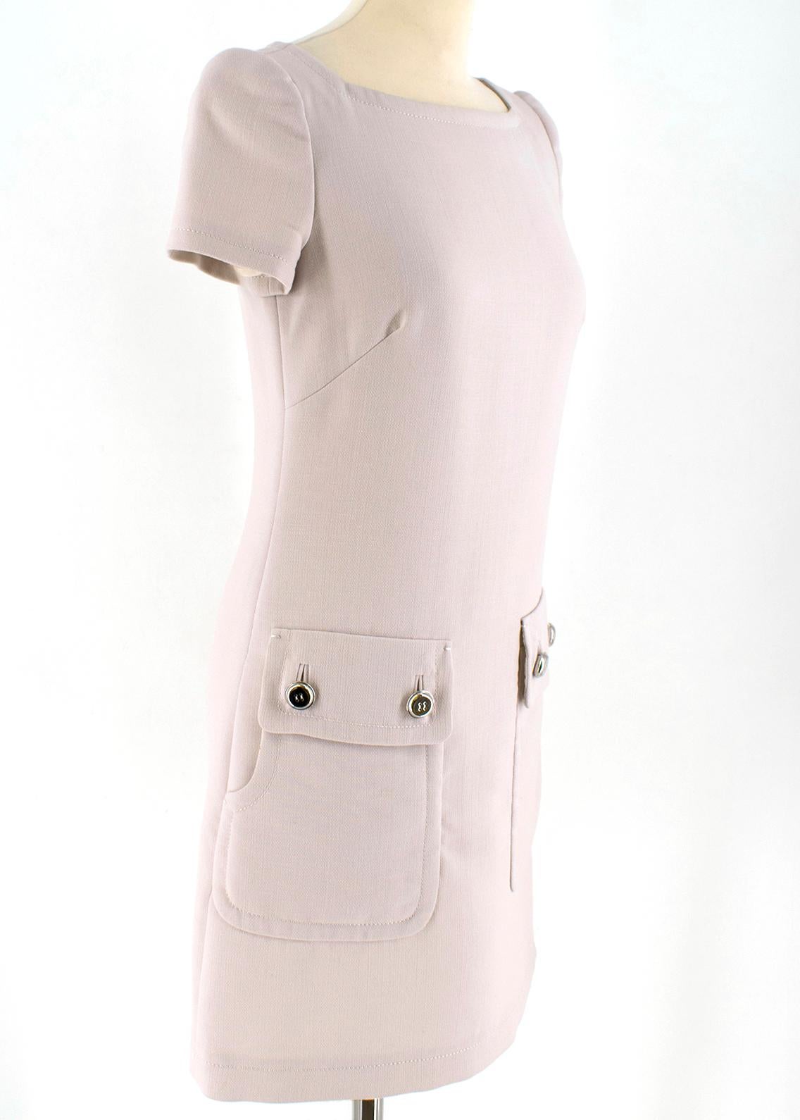 Prada Square-Neck Beige Shift Dress

Square neck wool-blend cady shift dress
Short sleeved
Bust darts
Silver-tone buttons 
Two exterior pockets
Cream interior lining

Please note, these items are pre-owned and may show some signs of storage, even