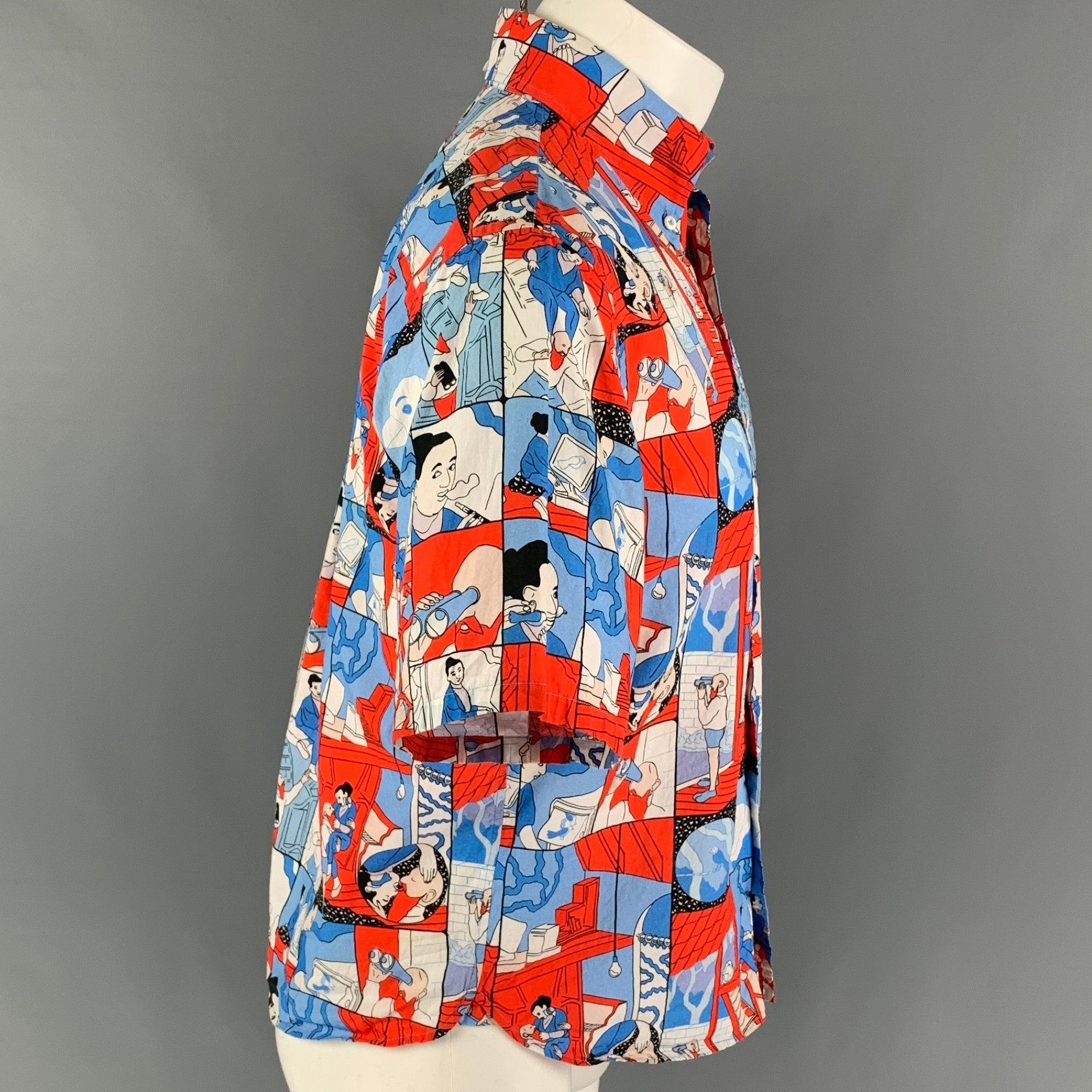 PRADA SS2018 'Comic Collection' short sleeve shirt comes in a red & blue graphic print cotton featuring a button down collar, patch pocket, and a button up closure. Made in Italy.
Very Good
Pre-Owned Condition. 

Marked:   S 

Measurements: 
