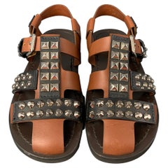 PRADA SS 18 Size 11 Black Brown Studded Leather Straps Sandals