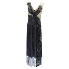 Prada SS04 Asymmetric Silk Navy Evening Gown with Sequin Wrap Panel