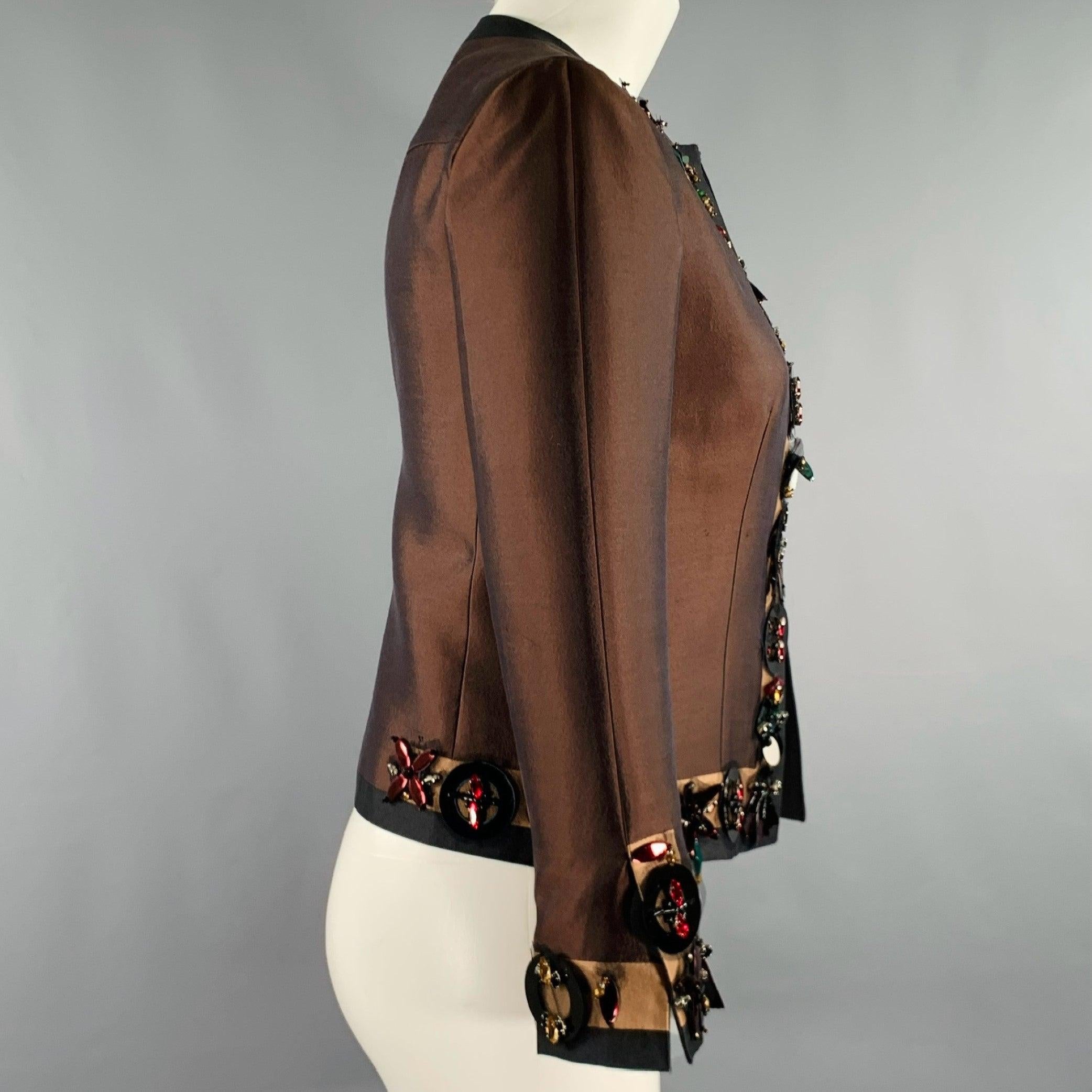 PRADA SS05 Taglia 2 Marrone Nero Lana Seta Abbellimento Giacca Blazer In condizioni buone in vendita a San Francisco, CA