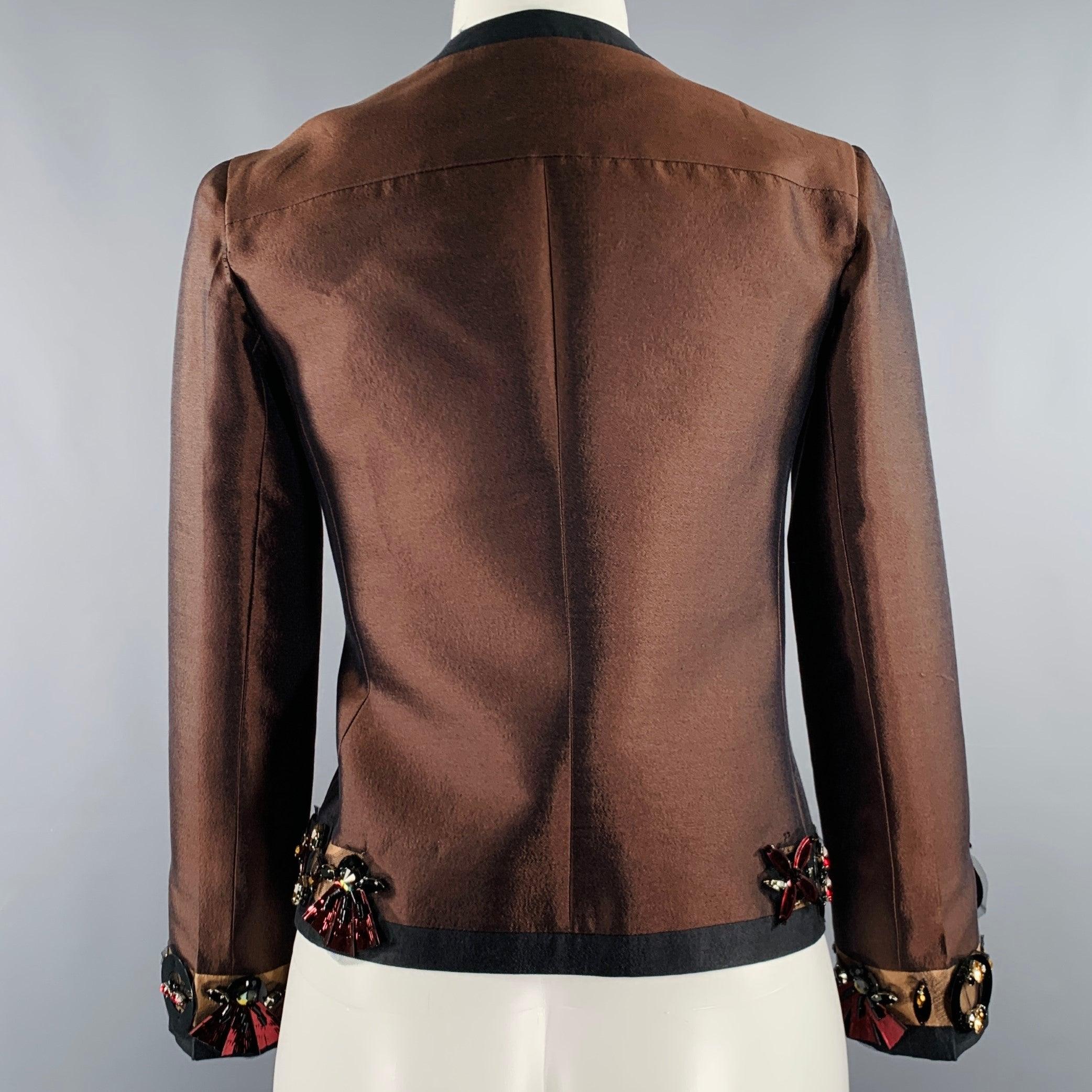 PRADA SS05 Taglia 2 Marrone Nero Lana Seta Abbellimento Giacca Blazer in vendita 1