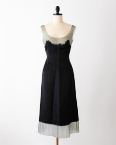 Prada SS1998 – Marineblaues Seiden-Midi-Kleid mit Latexbesatz (S)