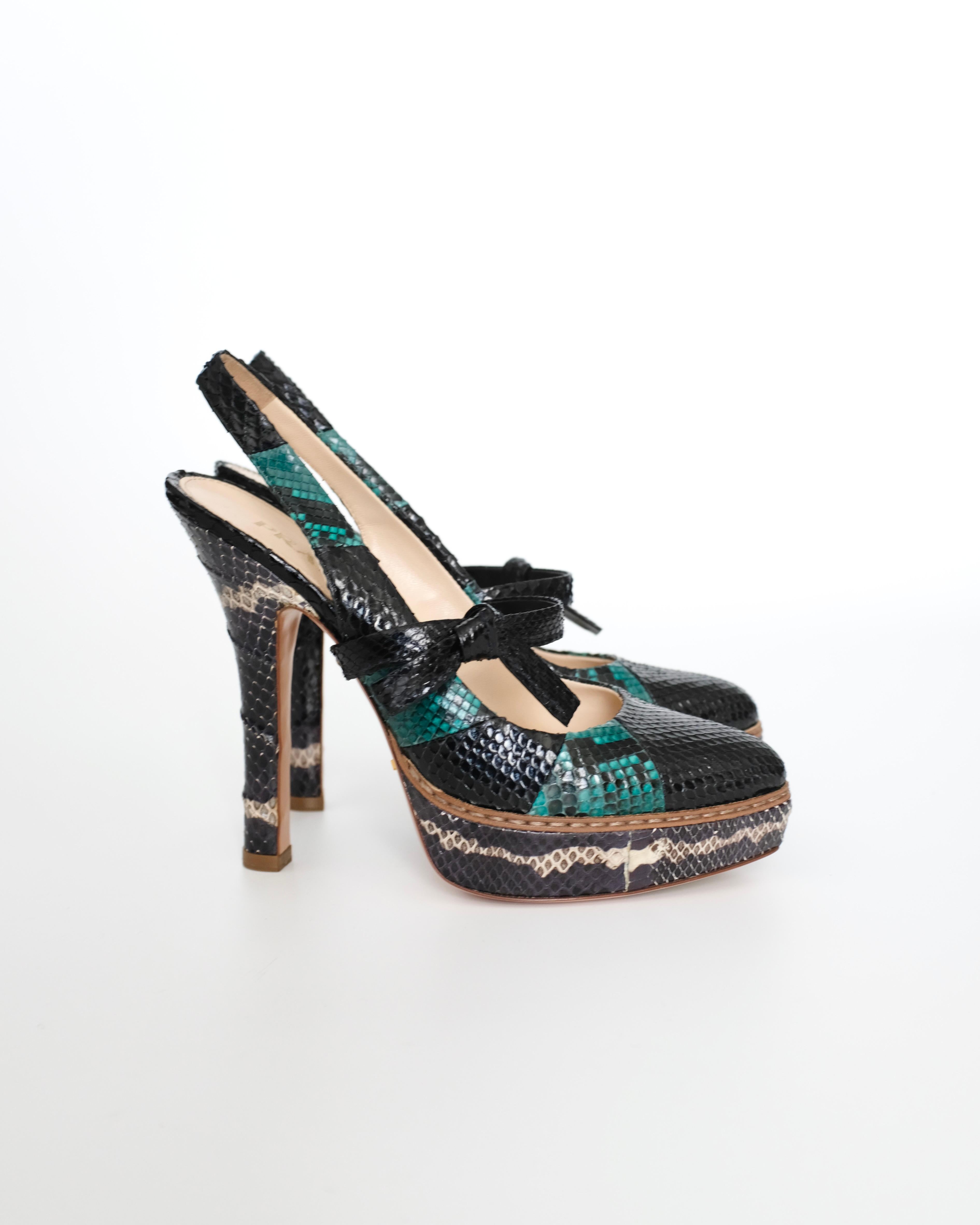 Prada SS2009 Python Mary Jane Bow Slingback Platform Heels (37