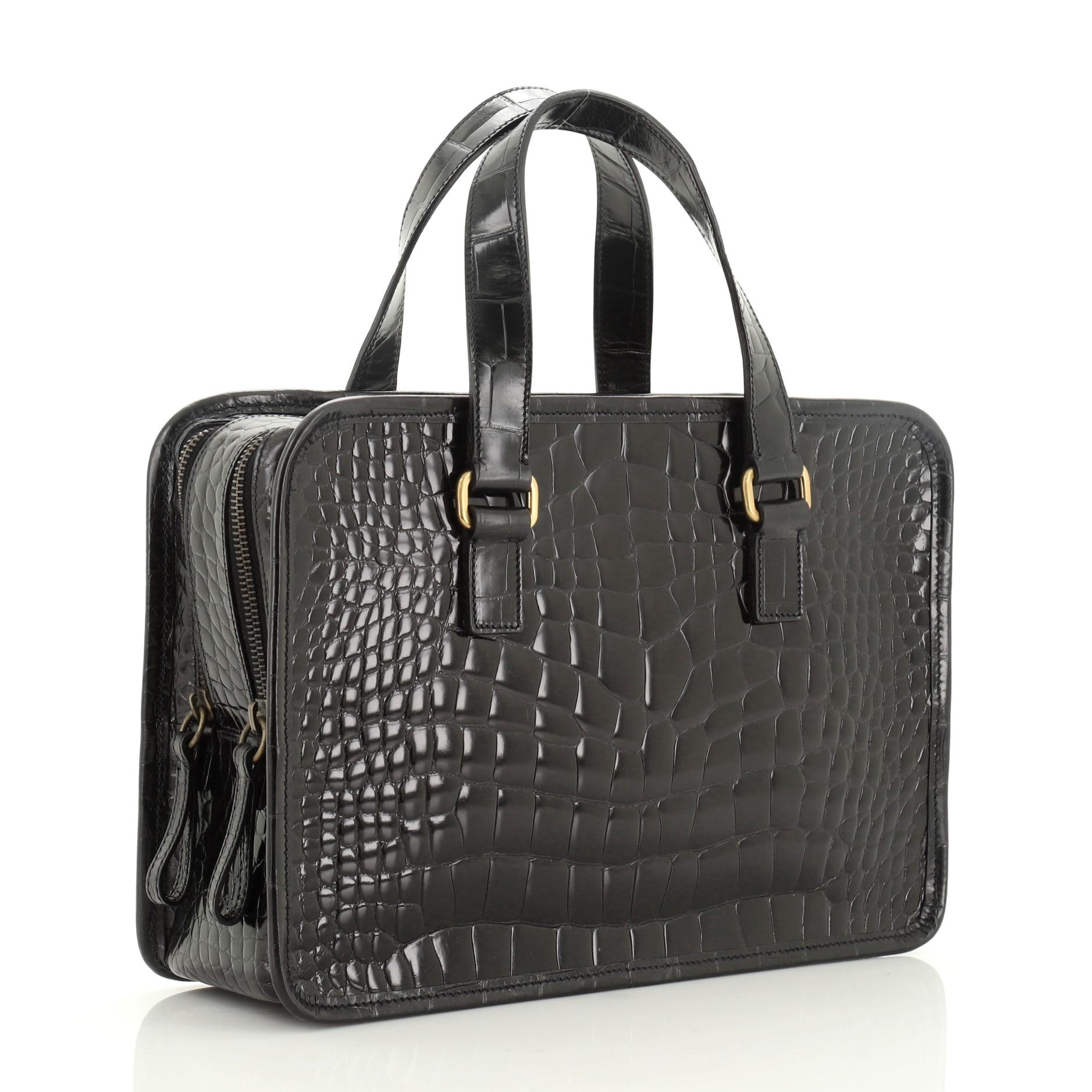 Black Prada St. Cocco Lucido Bauletto Handle Bag Crocodile Embossed Leather