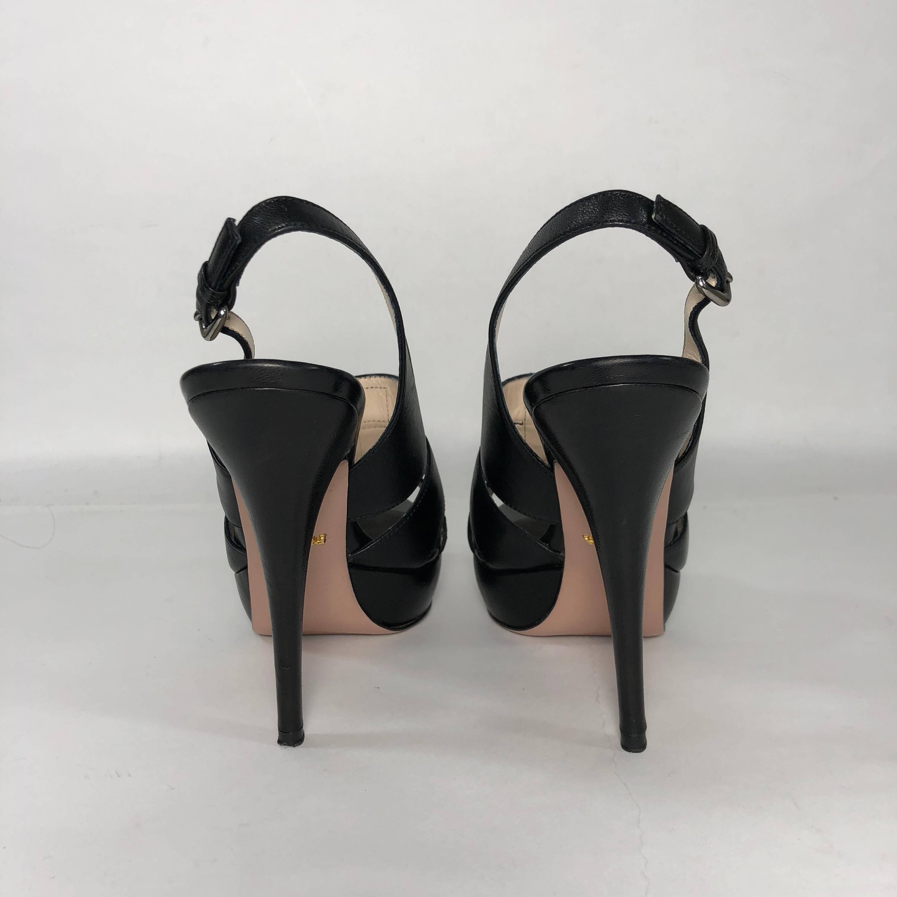 Prada Stiletto Platform Sling Back Peep Toe in Black Leather In Good Condition For Sale In Saint Charles, IL