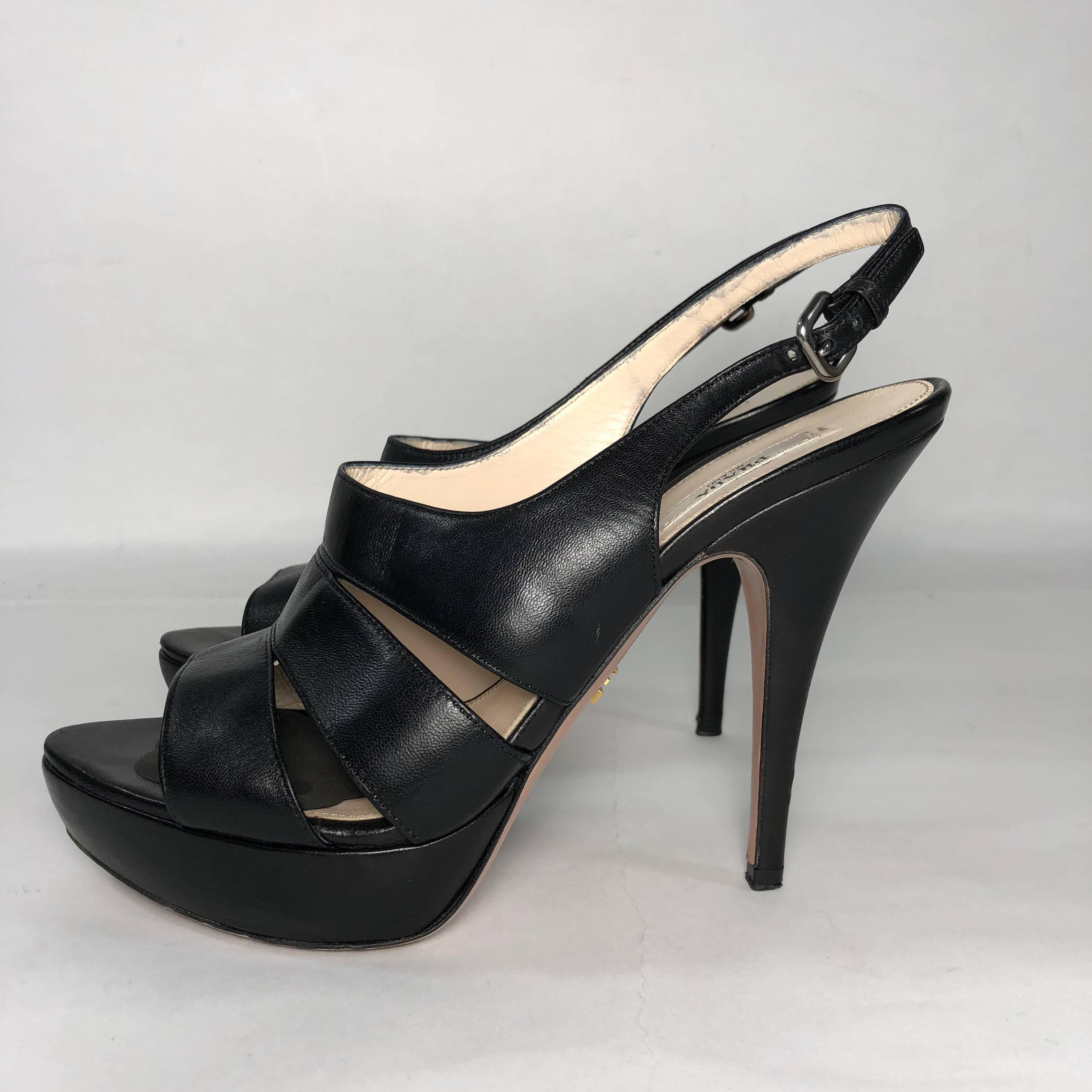 Women's Prada Stiletto Platform Sling Back Peep Toe in Black Leather For Sale