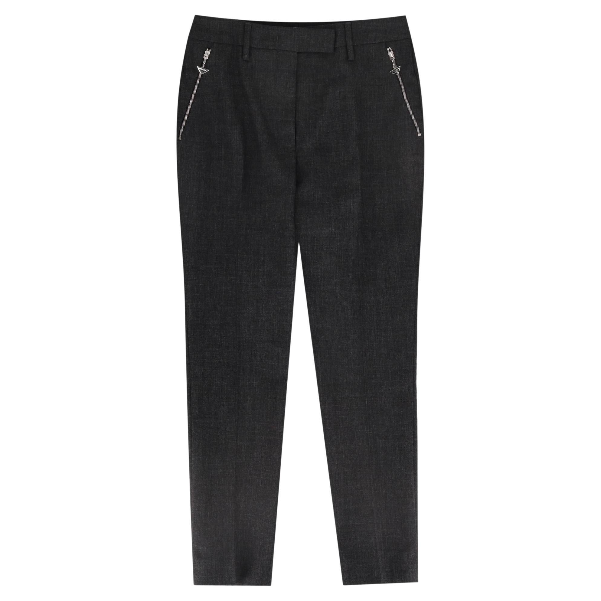 Prada Straight-Leg Virgin Wool Trousers With Triangle Logo Pull Zippers For Sale