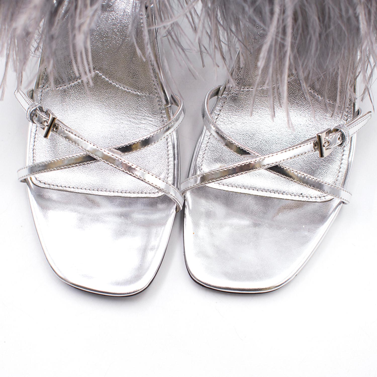 Gray Prada Strap Feather Slingback Sandals 39.5