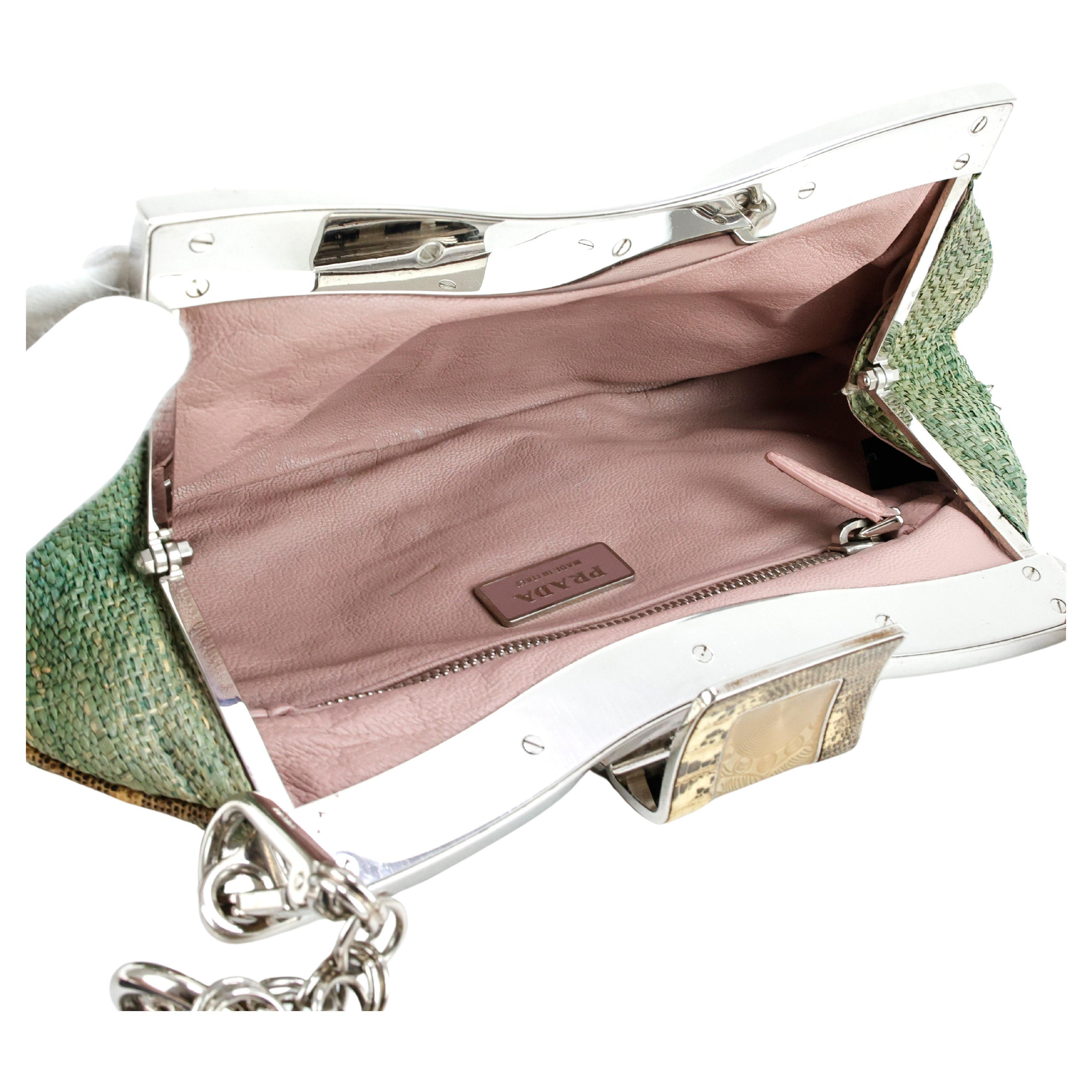 Gray Prada Straw Snake Leather Bag For Sale