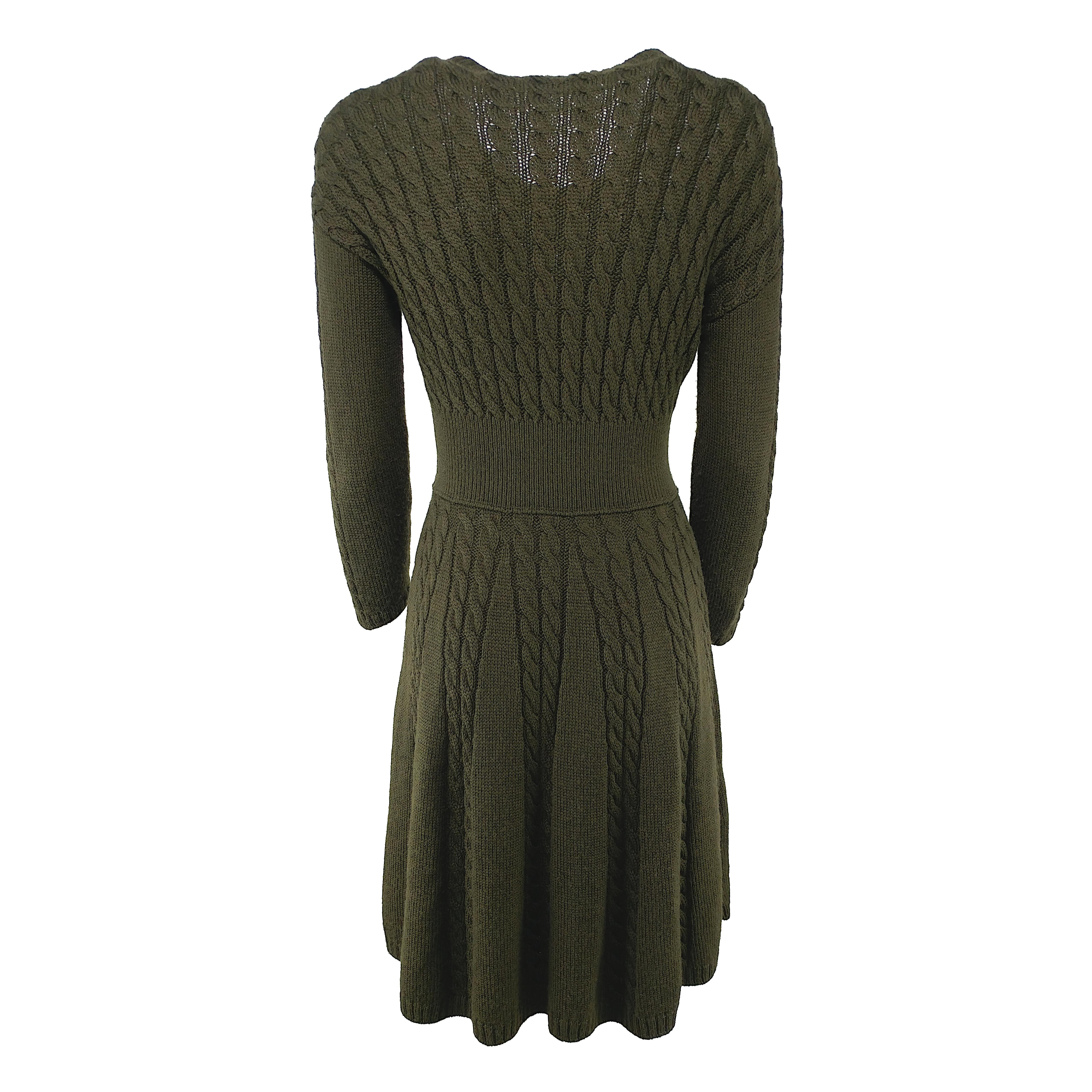 PRADA - Stretch Wool Knitted Olive Green Dress with Long Sleeves  Size 4US 36EU In Excellent Condition In Cuggiono, MI