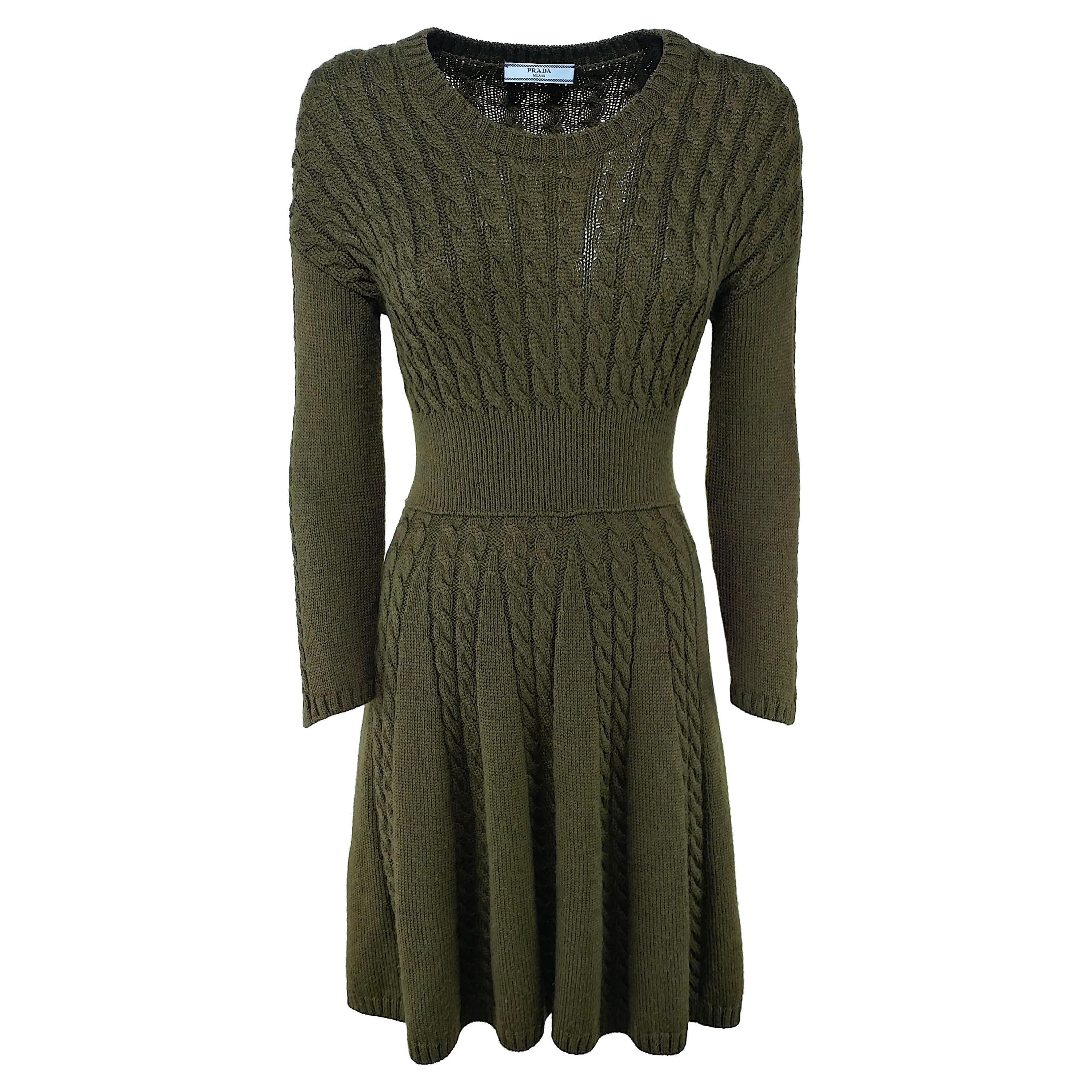 PRADA - Stretch Wool Knitted Olive Green Dress with Long Sleeves  Size 4US 36EU
