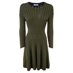 PRADA - Stretch Wool Knitted Olive Green Dress with Long Sleeves  Size 4US 36EU