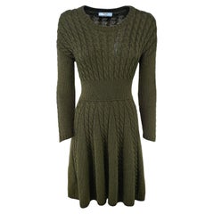 PRADA - Stretch Wool Knitted Olive Green Dress with Long Sleeves Size 4US 36EU