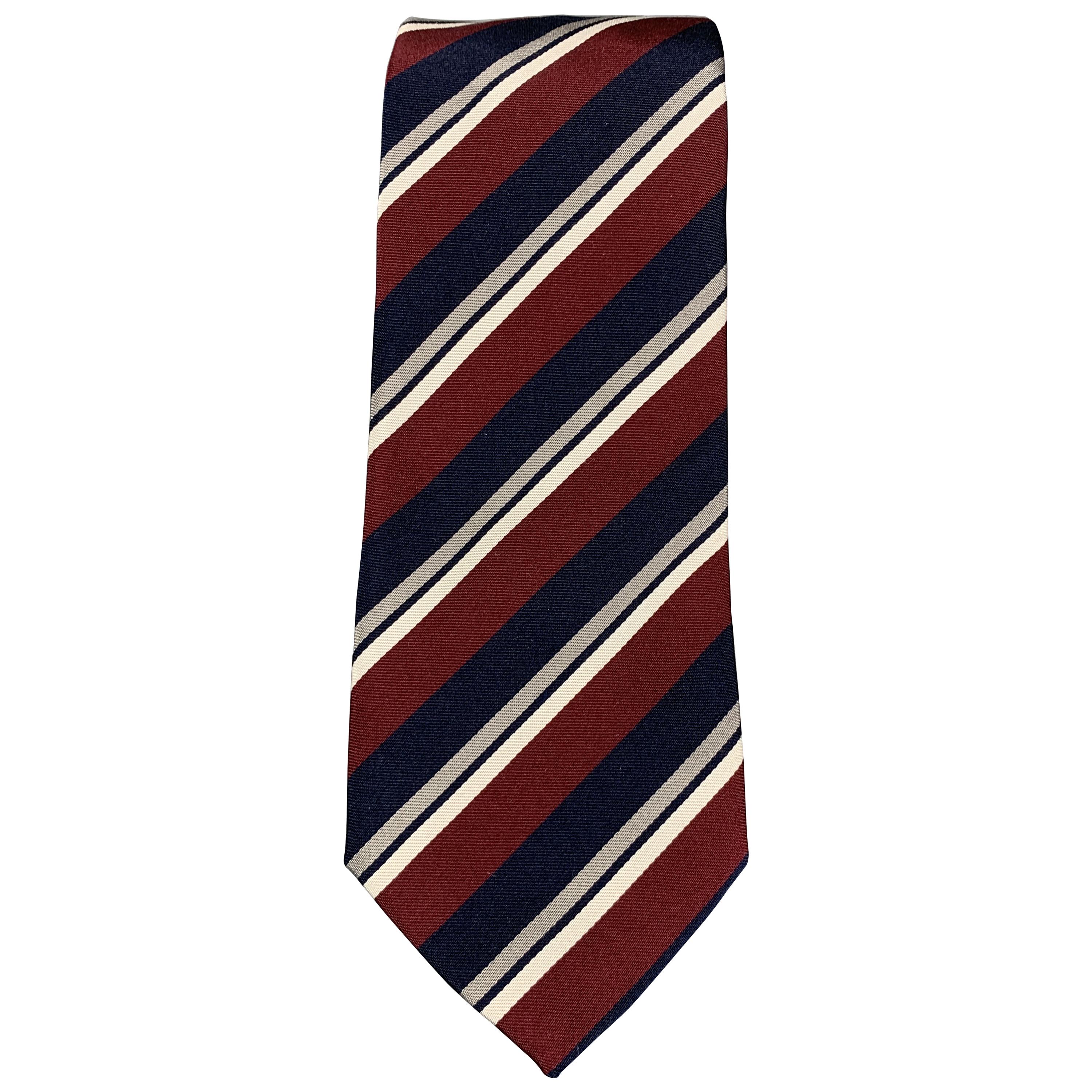 PRADA Stripe Burgundy Navy & Silver Striped Silk Skinny Tie