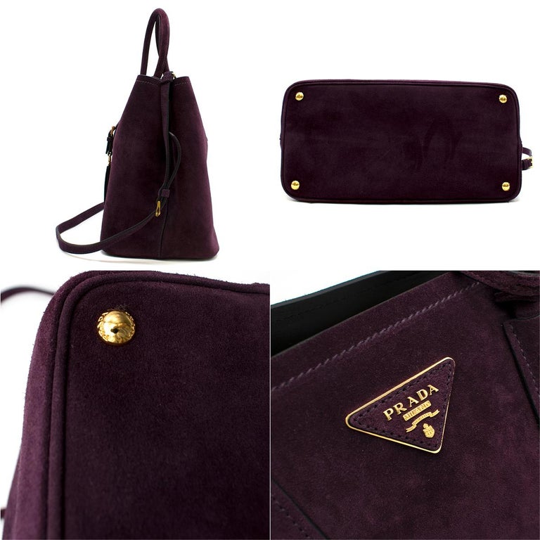 Prada Suede Medium Dark Purple Double-Pocket Tote Bag at