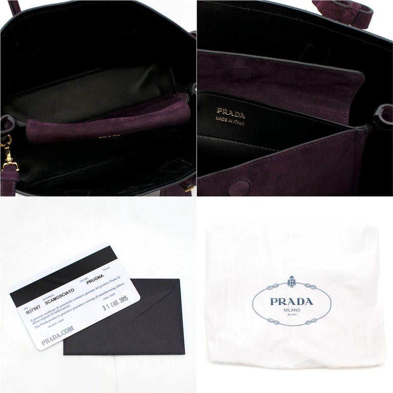 Prada Suede Medium Dark Purple Double-Pocket Tote Bag at