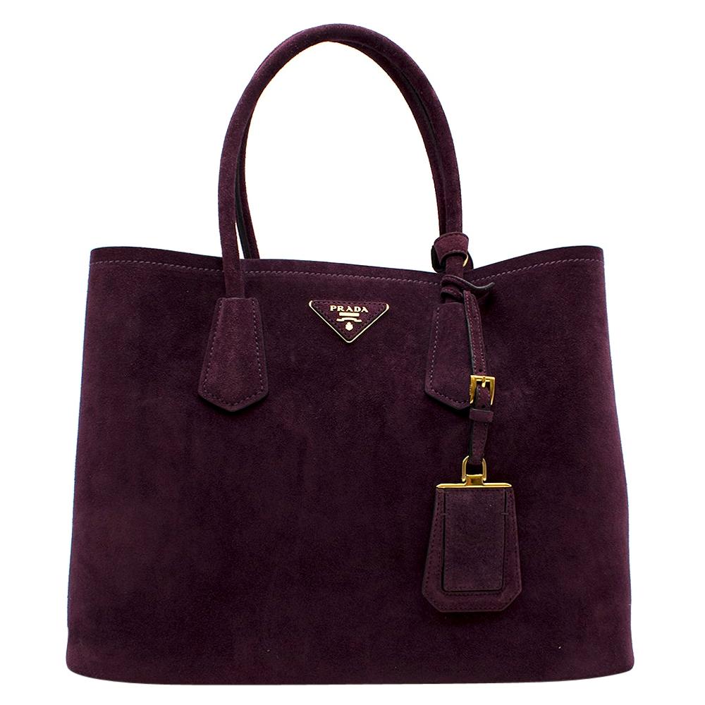 Prada Suede Medium Dark Purple Double-Pocket Tote Bag	