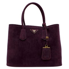 Prada Suede Medium Dark Purple Double-Pocket Tote Bag